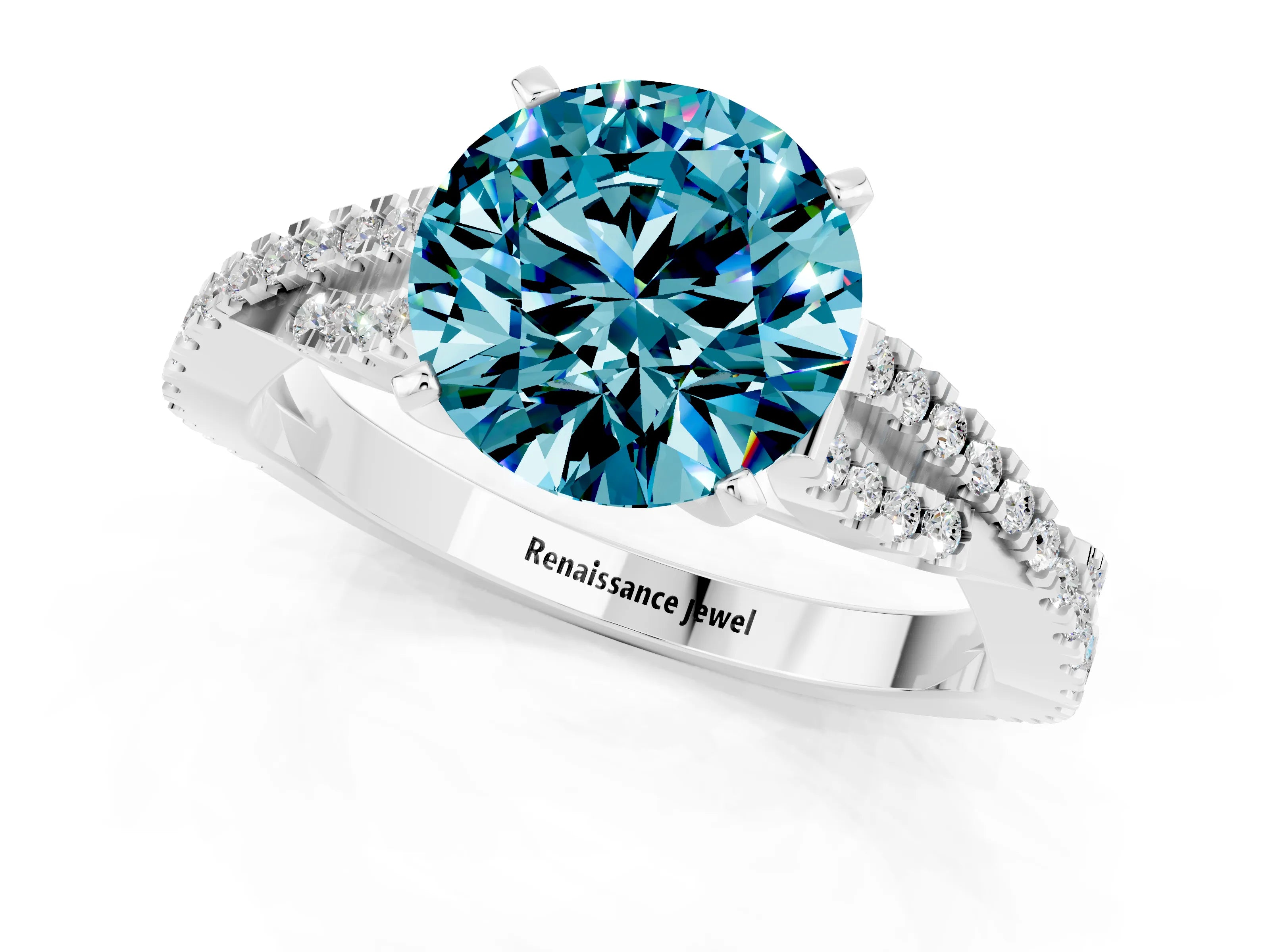 White gold Round Cut Blue Topaz Solitaire Engagement Ring with Twisted Pavé Band and Four-Prong Setting_13