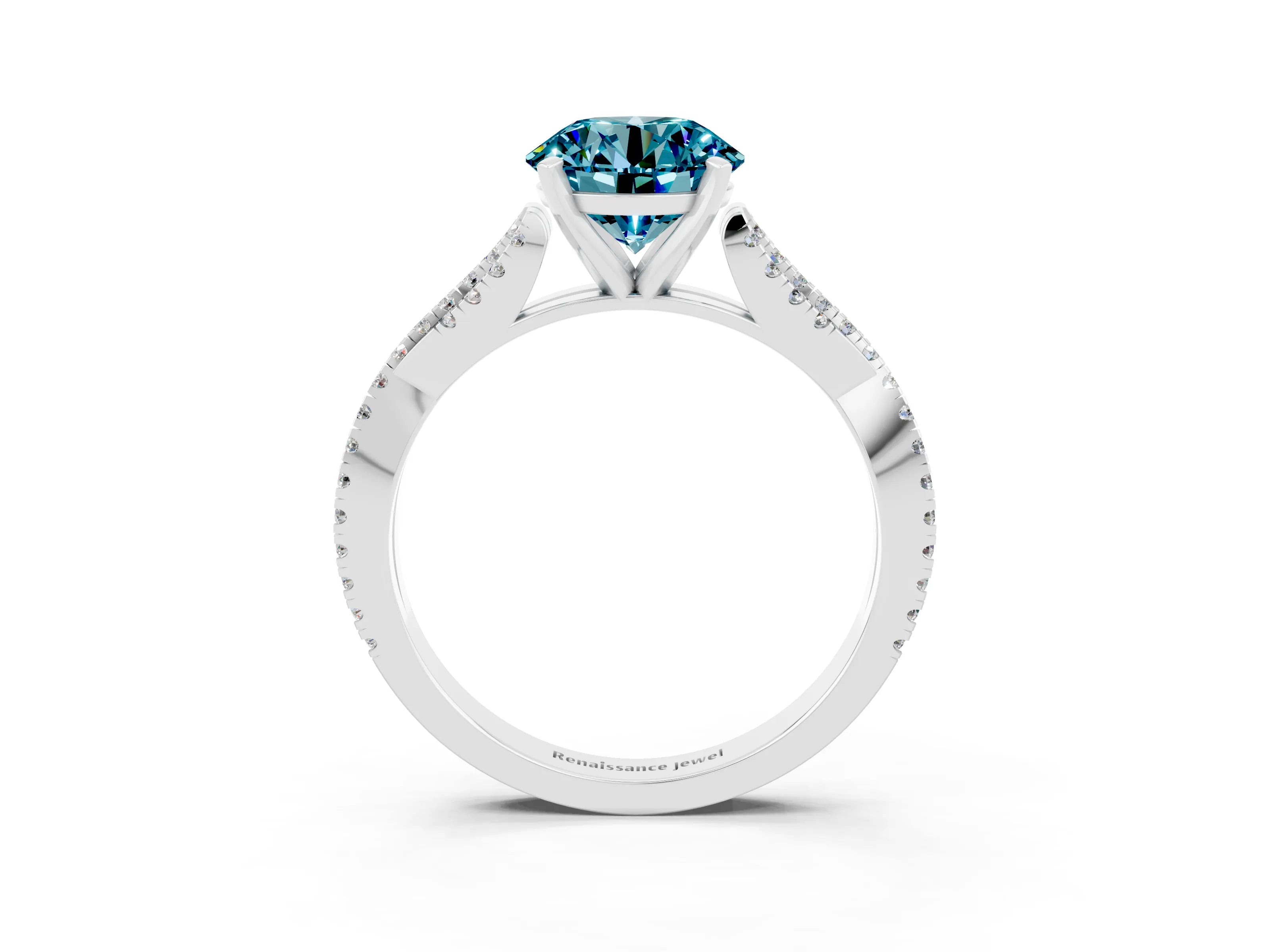 White gold Round Cut Blue Topaz Solitaire Engagement Ring with Twisted Pavé Band and Four-Prong Setting_15