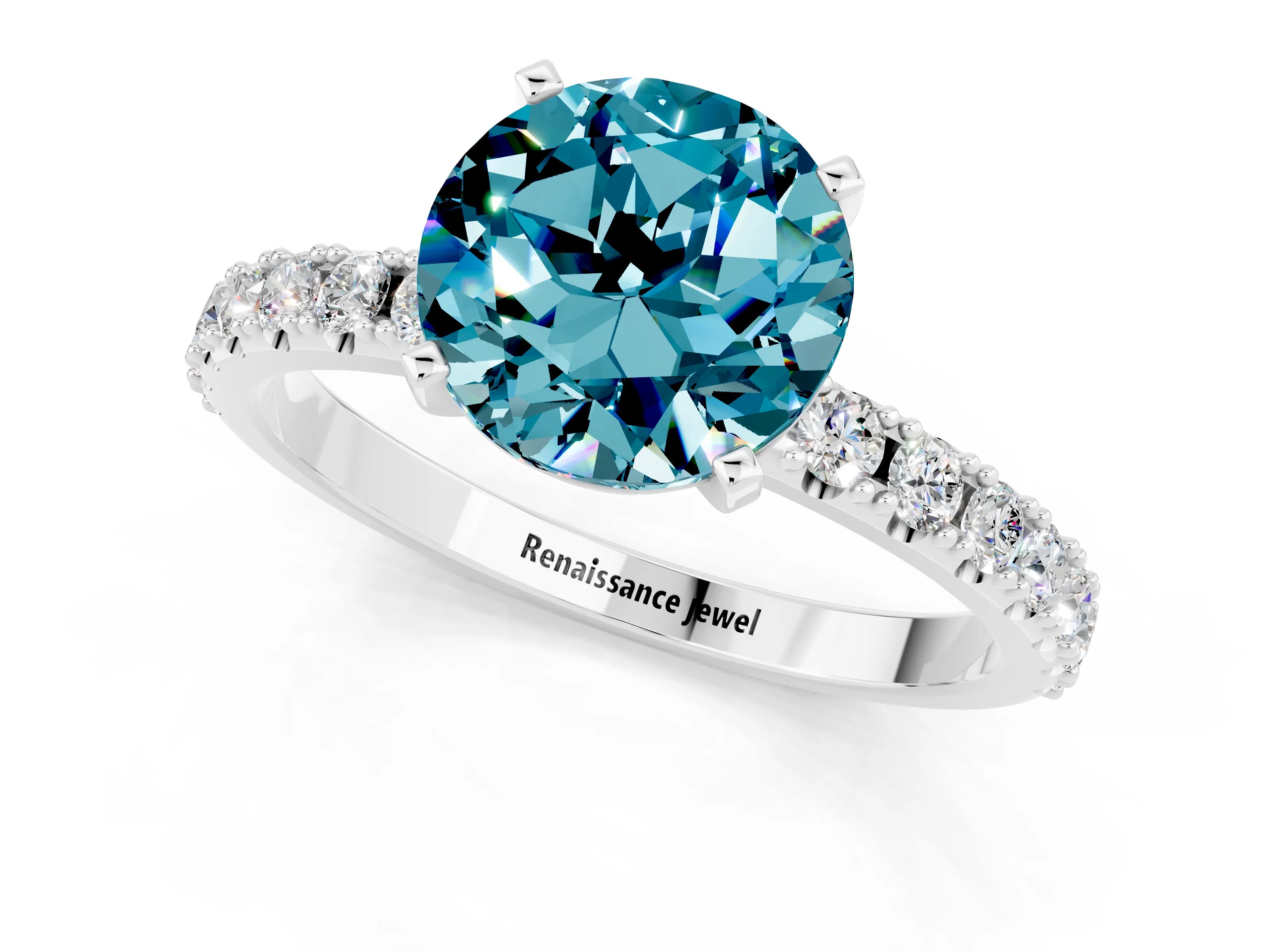 White gold Round Cut Blue Topaz Solitaire Pavé Band with Four-Prong Setting_1