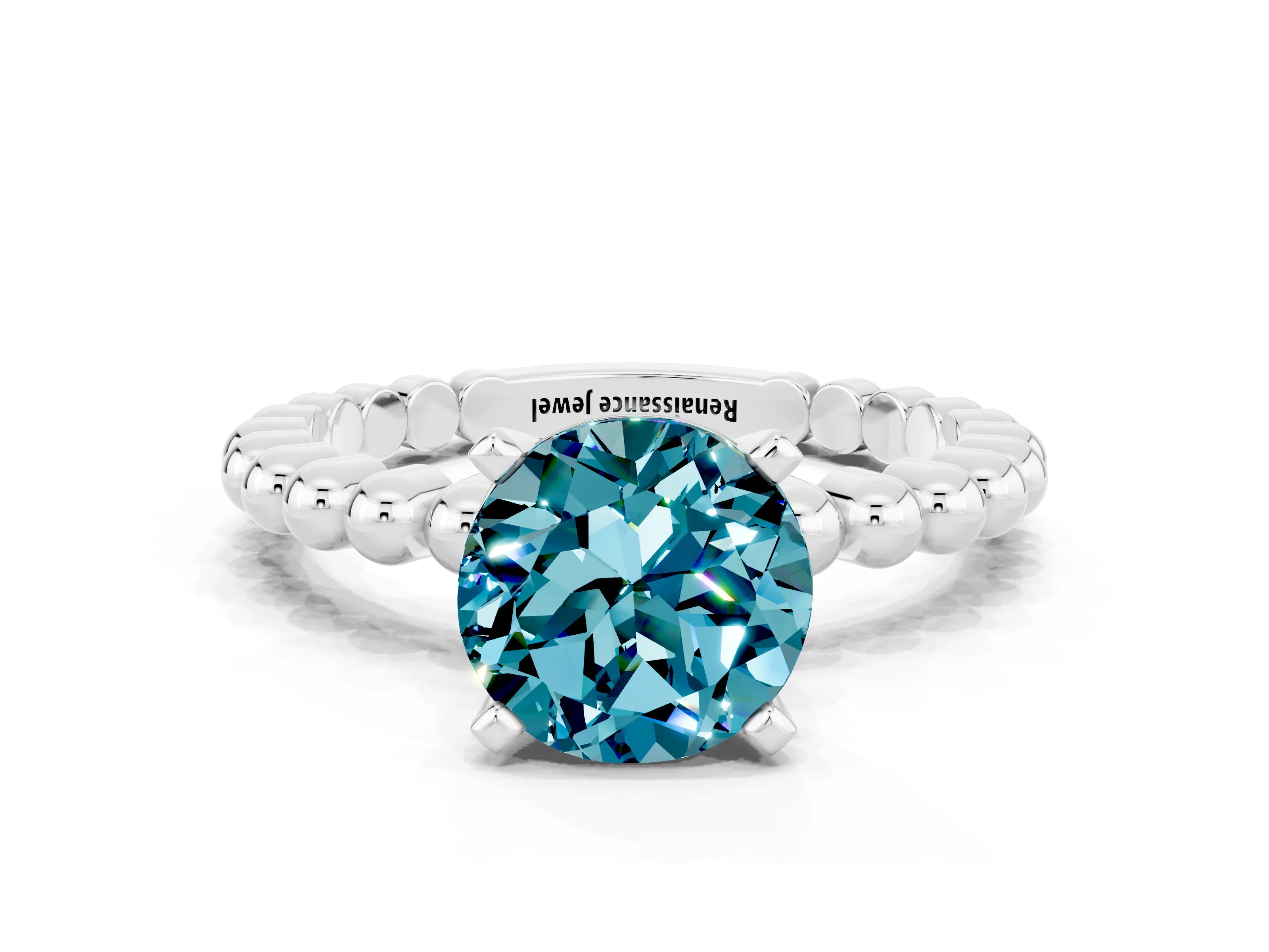 White gold Round Cut Blue Topaz Solitaire Ring with Beaded Band and Prong Setting_12
