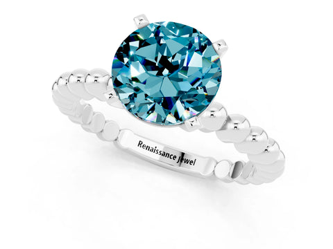 White gold Round Cut Blue Topaz Solitaire Ring with Beaded Band and Prong Setting_13