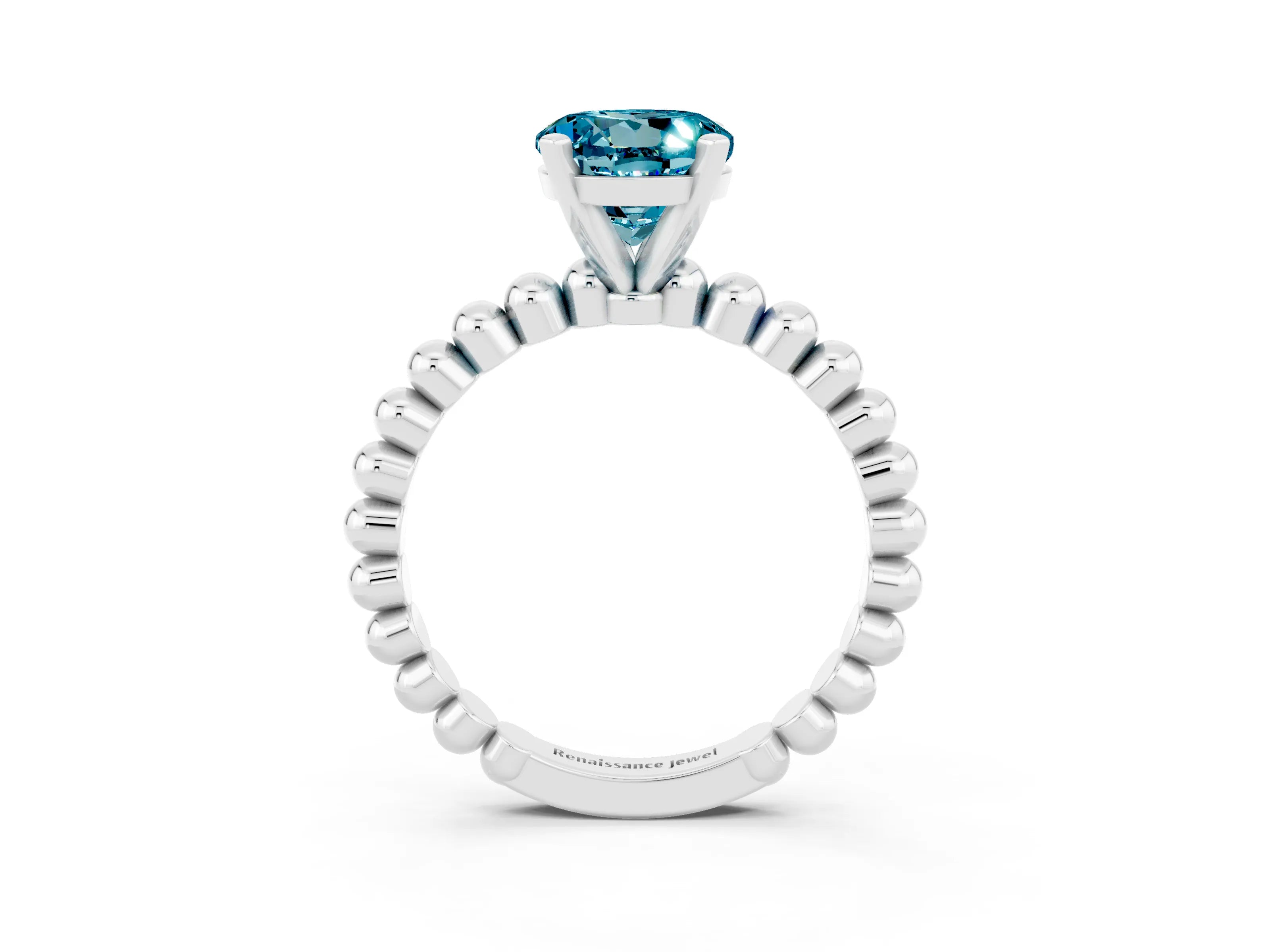 White gold Round Cut Blue Topaz Solitaire Ring with Beaded Band and Prong Setting_15