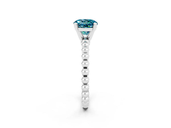 Platinum Round Cut Blue Topaz Solitaire Ring with Beaded Band and Prong Setting