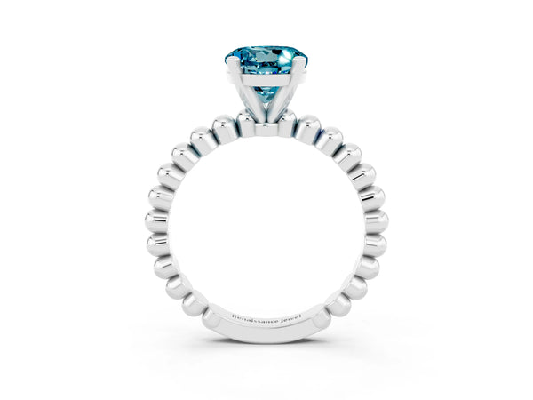 Silver Round Cut Blue Topaz Solitaire Ring with Beaded Band and Prong Setting