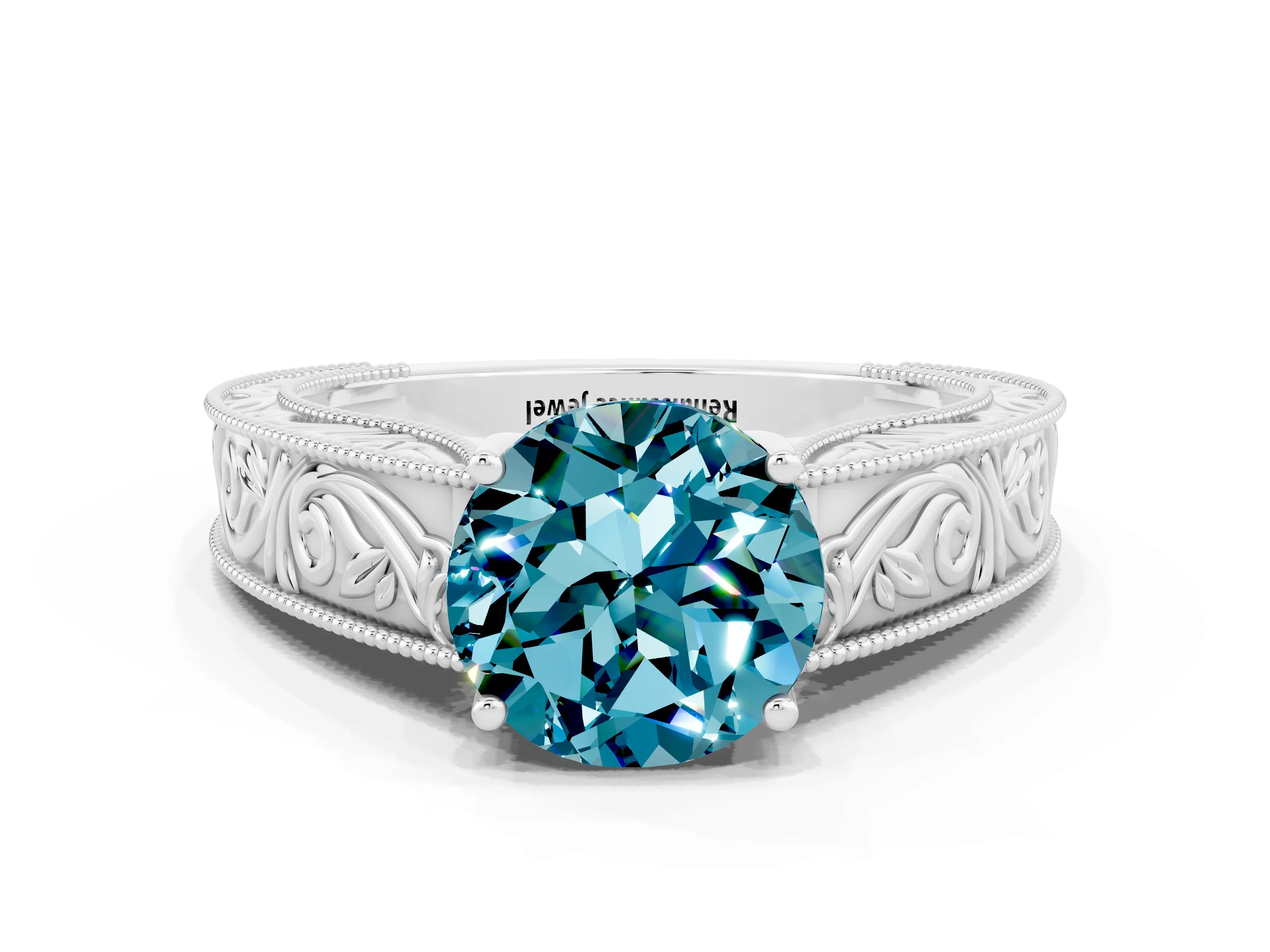 White gold Round Cut Blue Topaz Solitaire Ring with Engraved Band and Four-Prong Setting