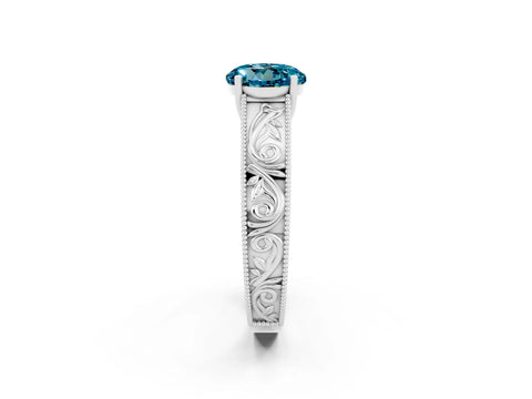 White gold Round Cut Blue Topaz Solitaire Ring with Engraved Band and Four-Prong Setting_2
