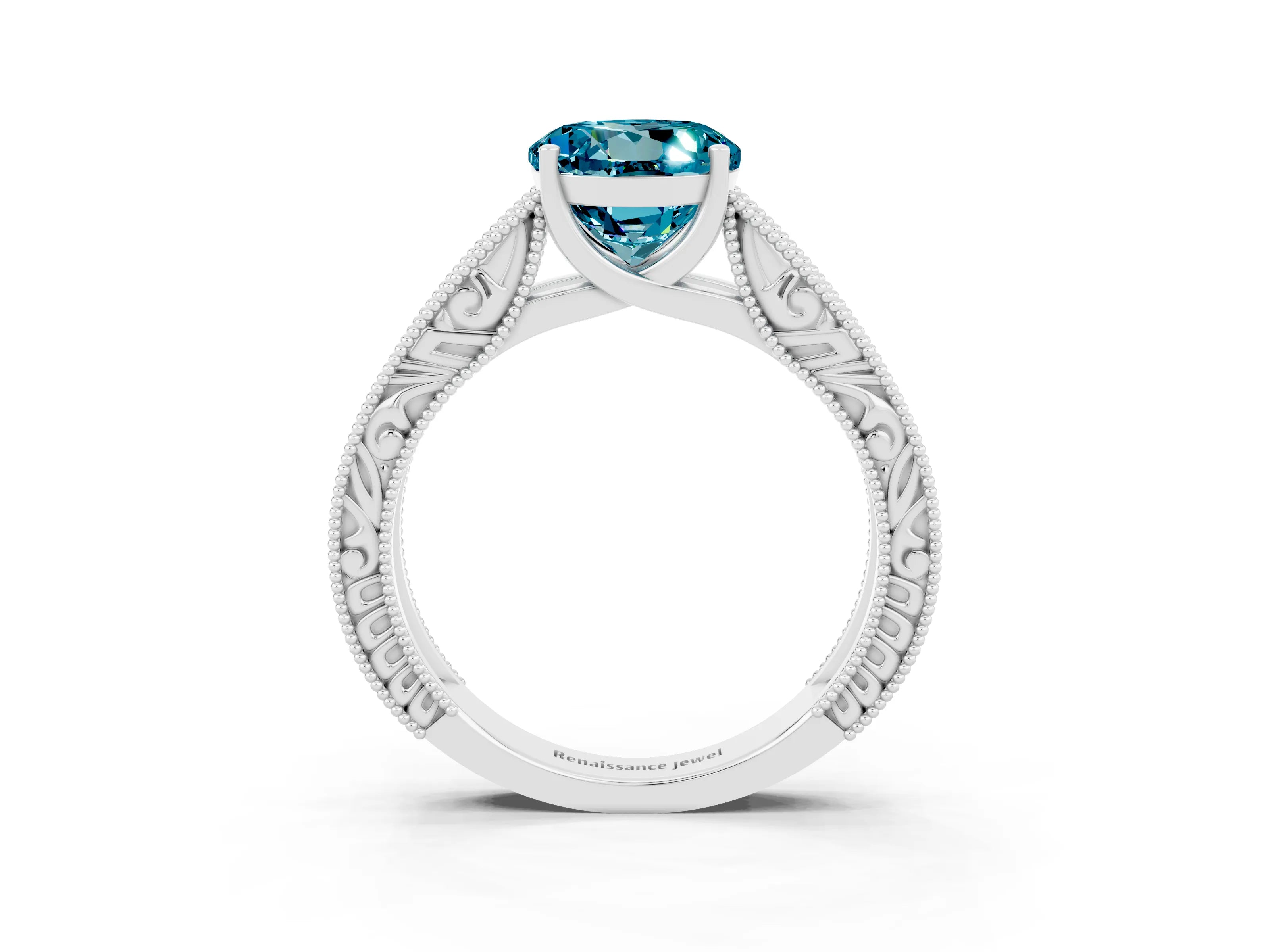 White gold Round Cut Blue Topaz Solitaire Ring with Engraved Band and Four-Prong Setting_3