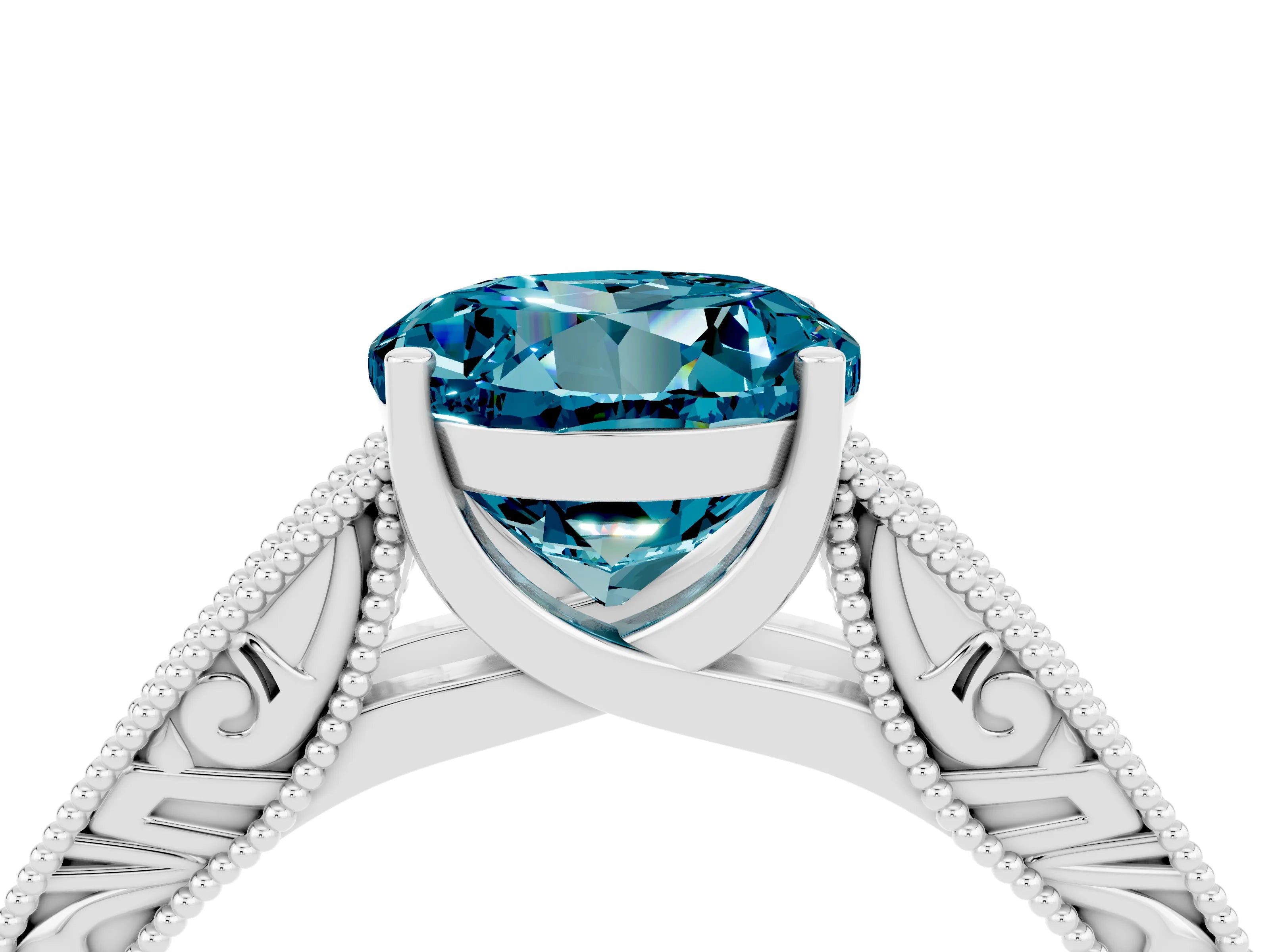White gold Round Cut Blue Topaz Solitaire Ring with Engraved Band and Four-Prong Setting_4