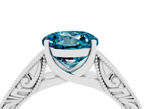 White gold Round Cut Blue Topaz Solitaire Ring with Engraved Band and Four-Prong Setting_4