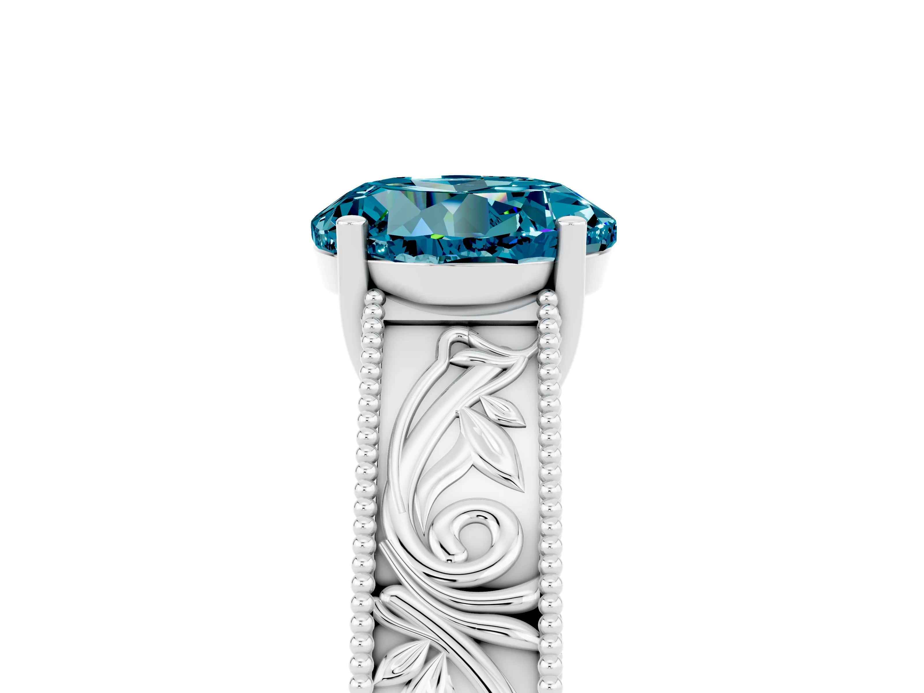 White gold Round Cut Blue Topaz Solitaire Ring with Engraved Band and Four-Prong Setting_5