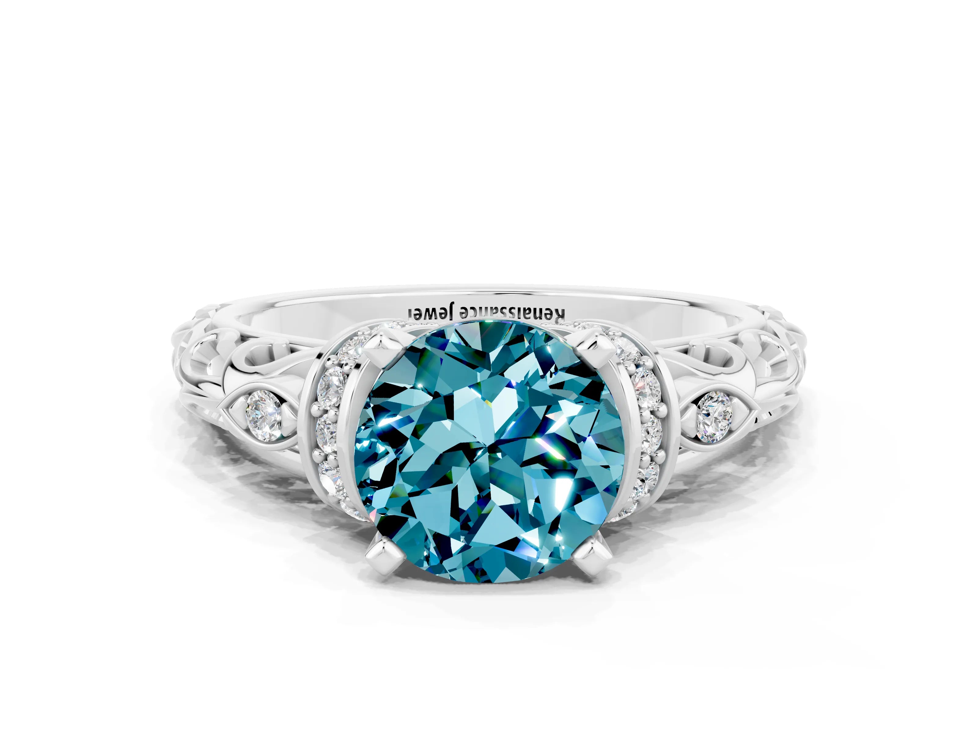 White gold Round Cut Blue Topaz Solitaire Ring with Filigree Band and Four-Prong Setting_24