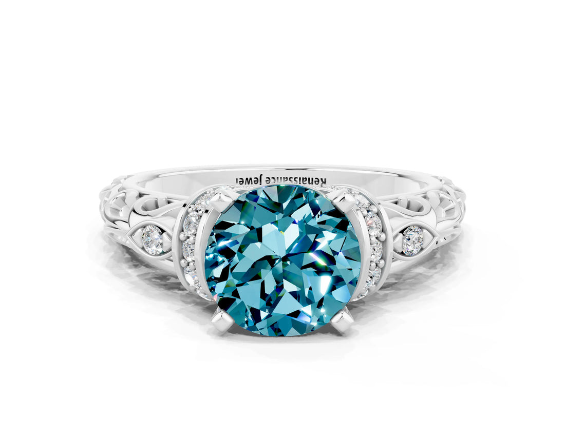 White gold Round Cut Blue Topaz Solitaire Ring with Filigree Band and Four-Prong Setting_24