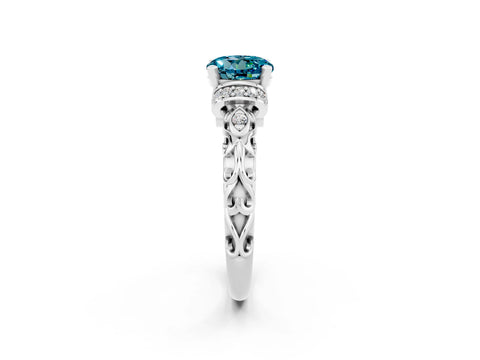 White gold Round Cut Blue Topaz Solitaire Ring with Filigree Band and Four-Prong Setting_26