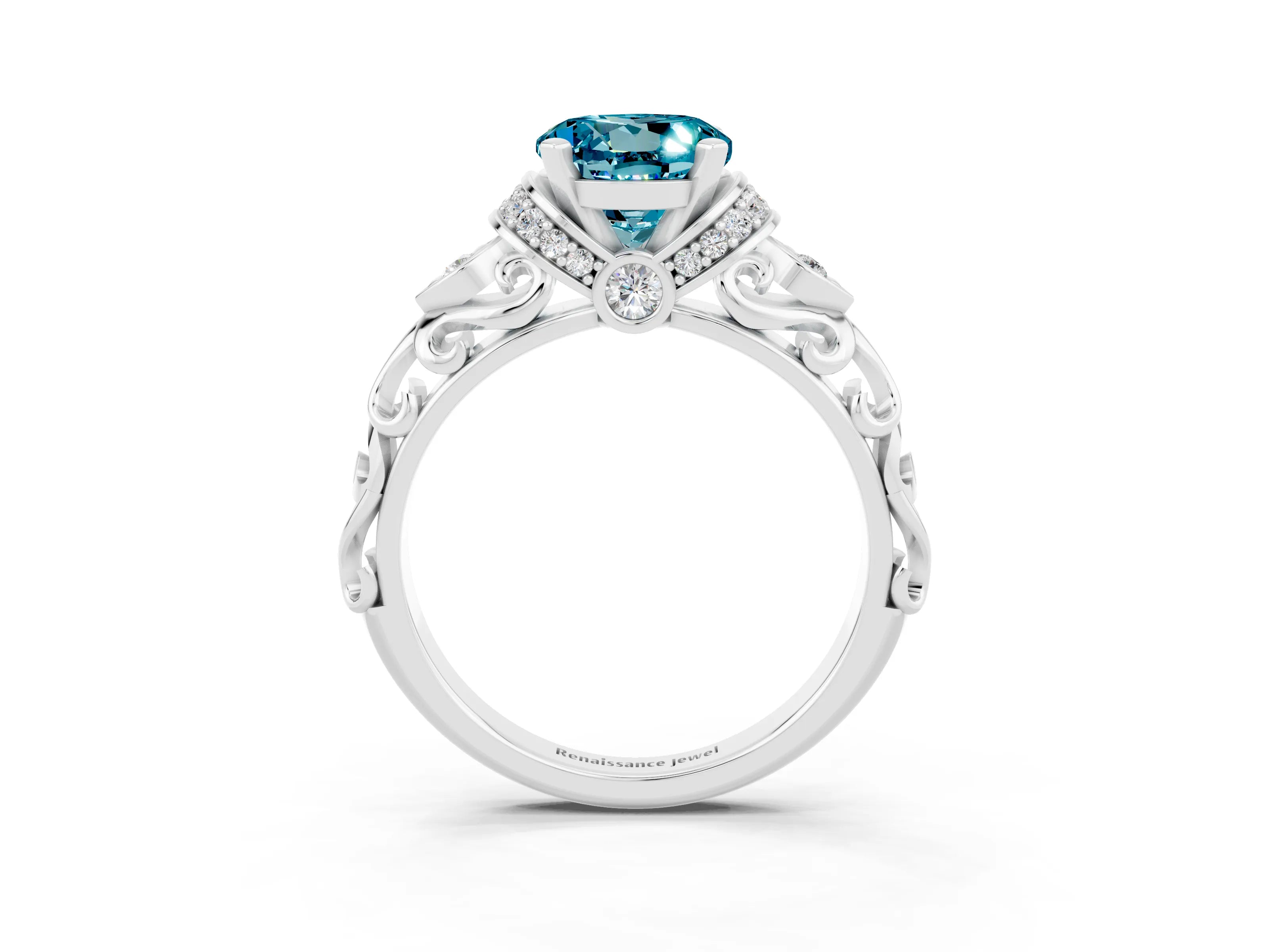 White gold Round Cut Blue Topaz Solitaire Ring with Filigree Band and Four-Prong Setting_27