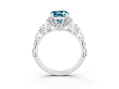 White gold Round Cut Blue Topaz Solitaire Ring with Filigree Band and Four-Prong Setting_27