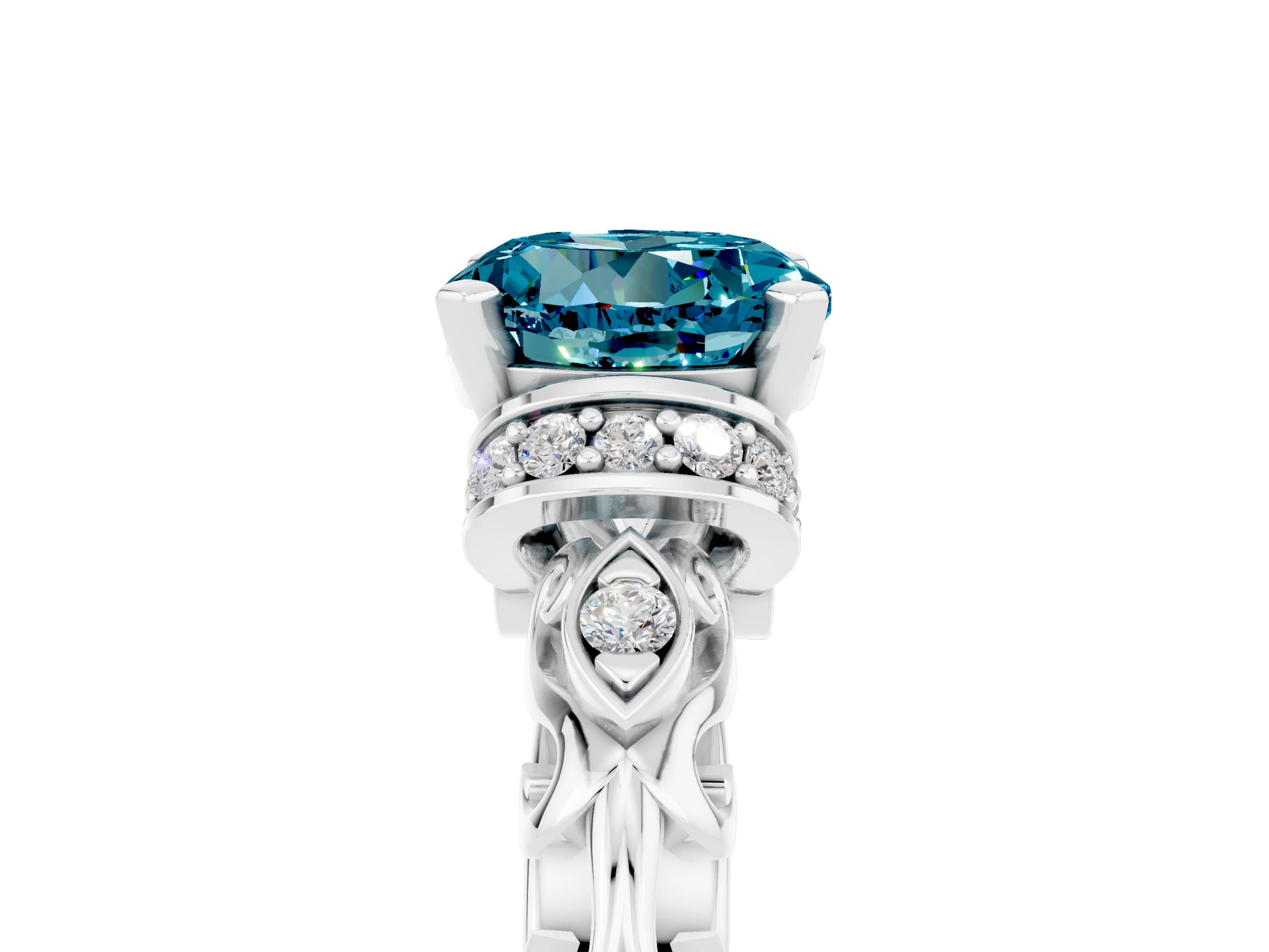 White gold Round Cut Blue Topaz Solitaire Ring with Filigree Band and Four-Prong Setting_29
