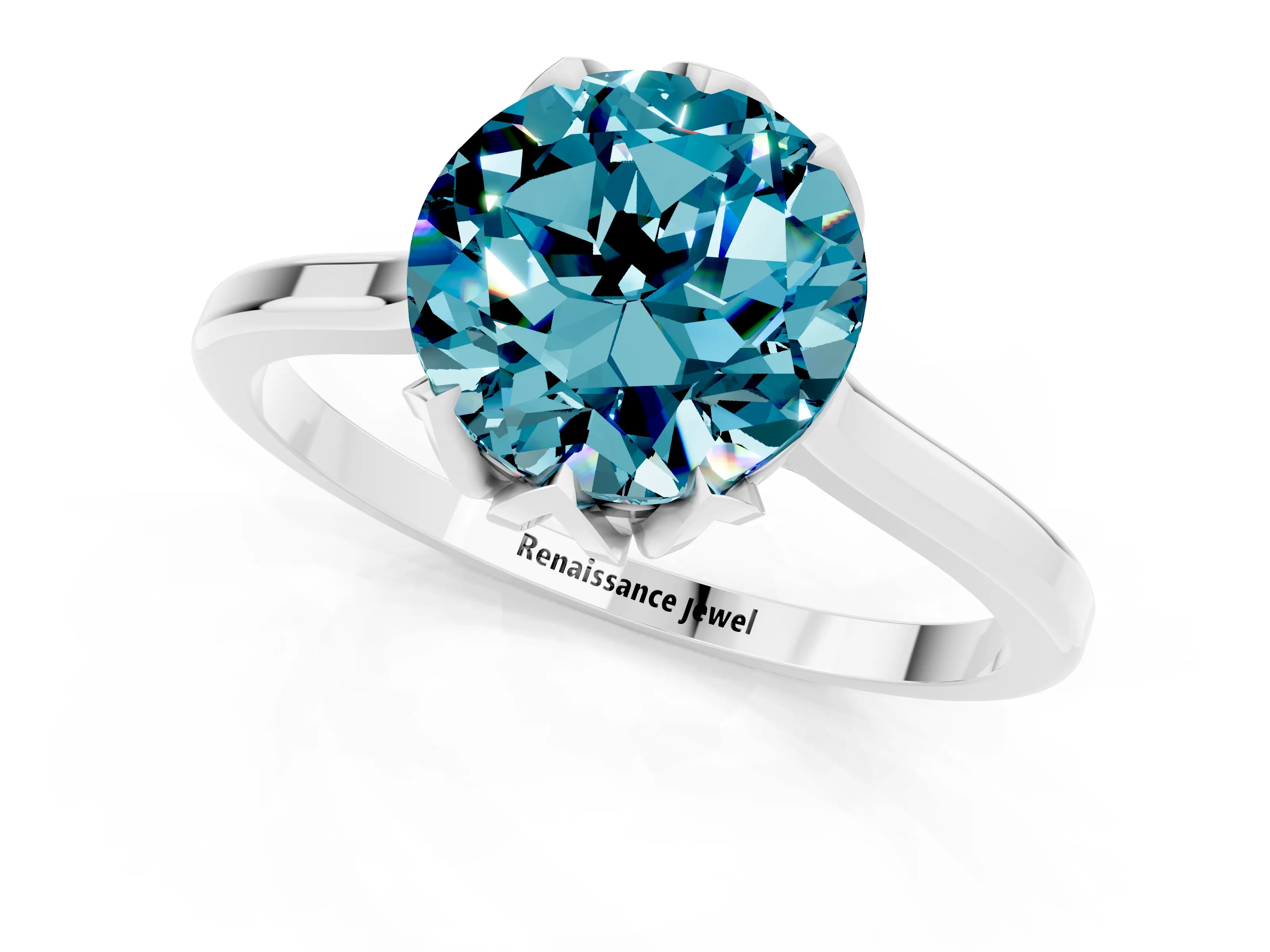 White gold Round Cut Blue Topaz Solitaire Ring with Flower Prong Setting and Classic Band_13