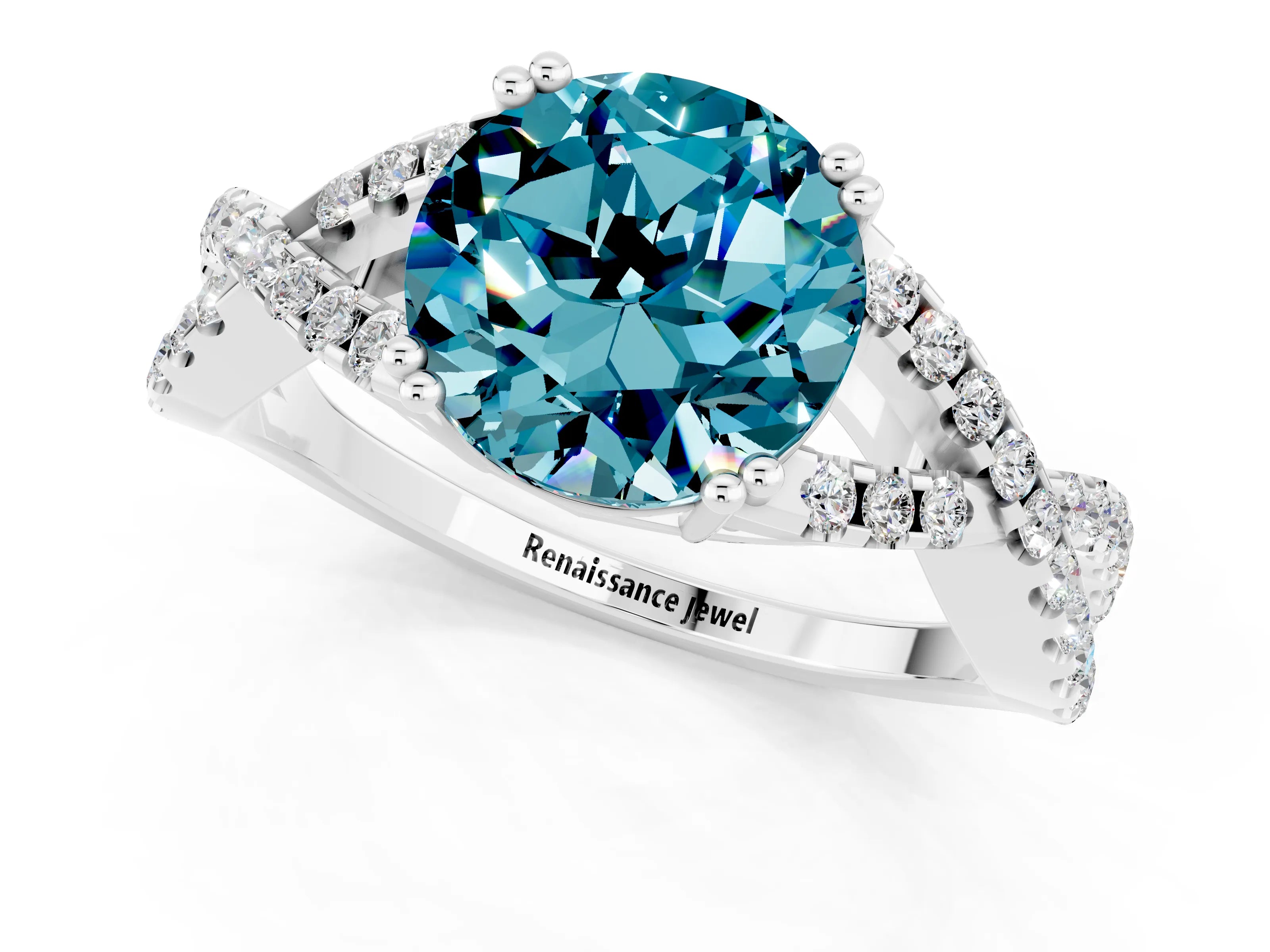 White gold Round Cut Blue Topaz Solitaire Ring with Four-Prong Setting and Twisted Pavé Band_1