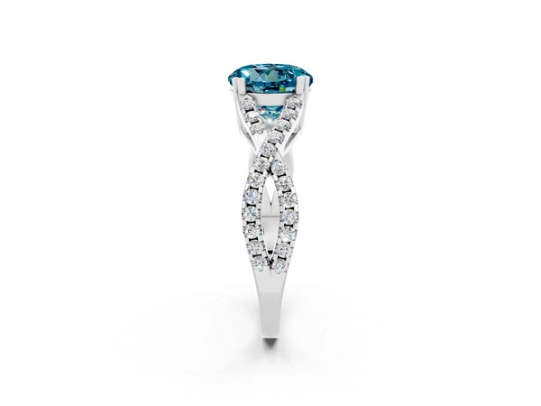 Silver Round Cut Blue Topaz Solitaire Ring with Four-Prong Setting and Twisted Pavé Band