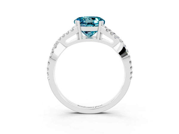 White gold Round Cut Blue Topaz Solitaire Ring with Four-Prong Setting and Twisted Pavé Band