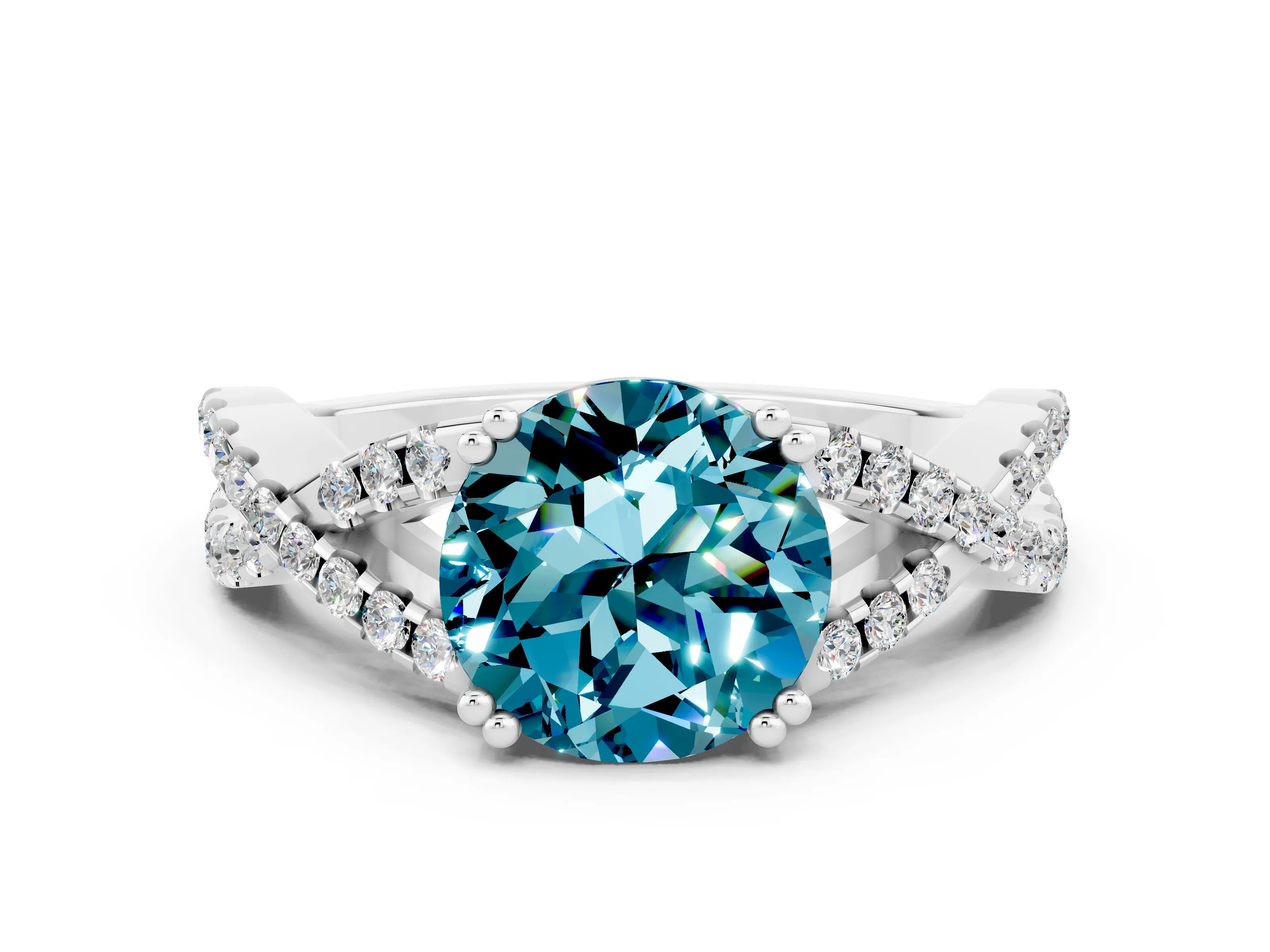 White gold Round Cut Blue Topaz Solitaire Ring with Four-Prong Setting and Twisted Pavé Band