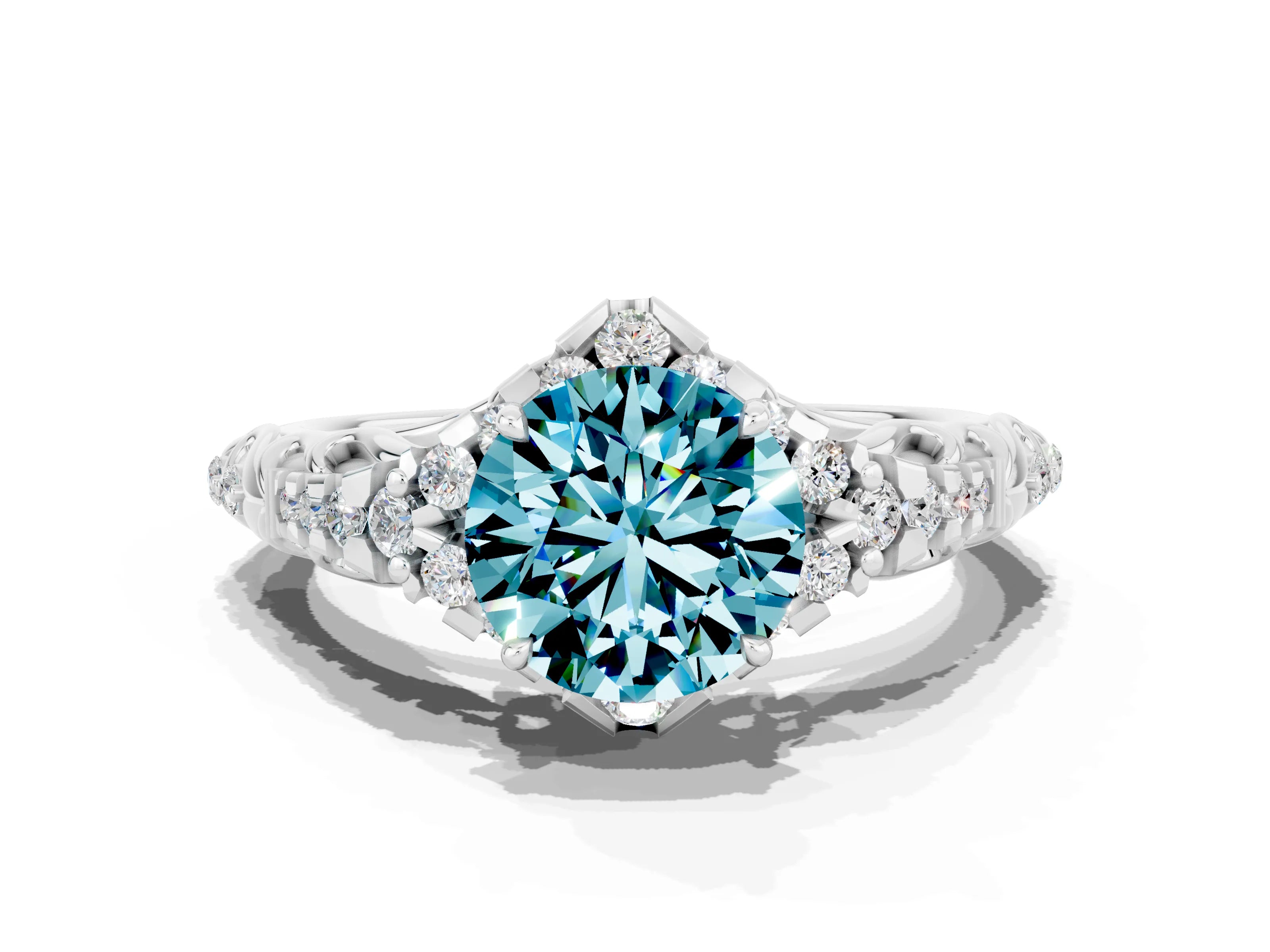 White gold Round Cut Blue Topaz Solitaire Ring with Hidden Halo and Pavé Band_12