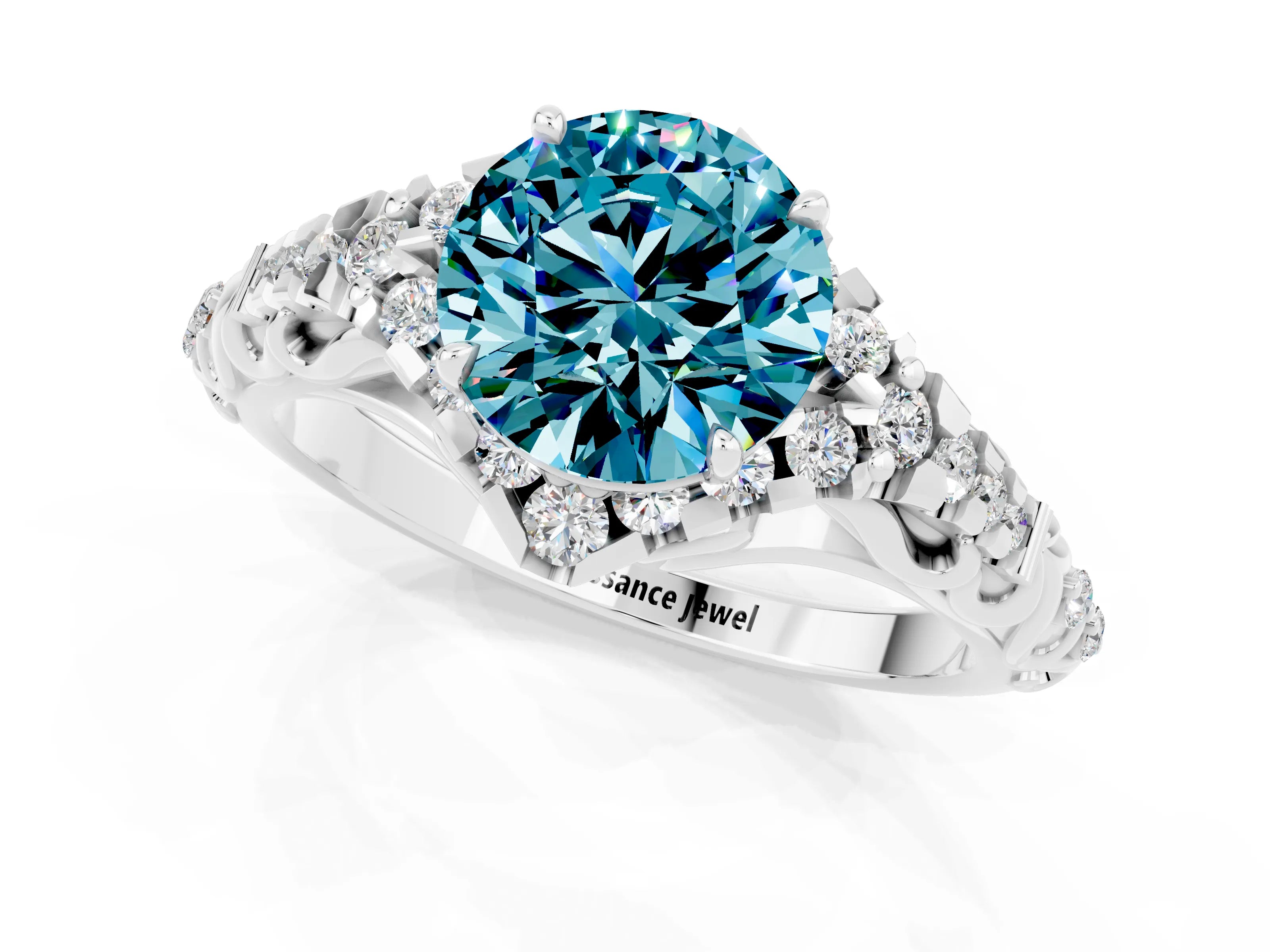 White gold Round Cut Blue Topaz Solitaire Ring with Hidden Halo and Pavé Band_13