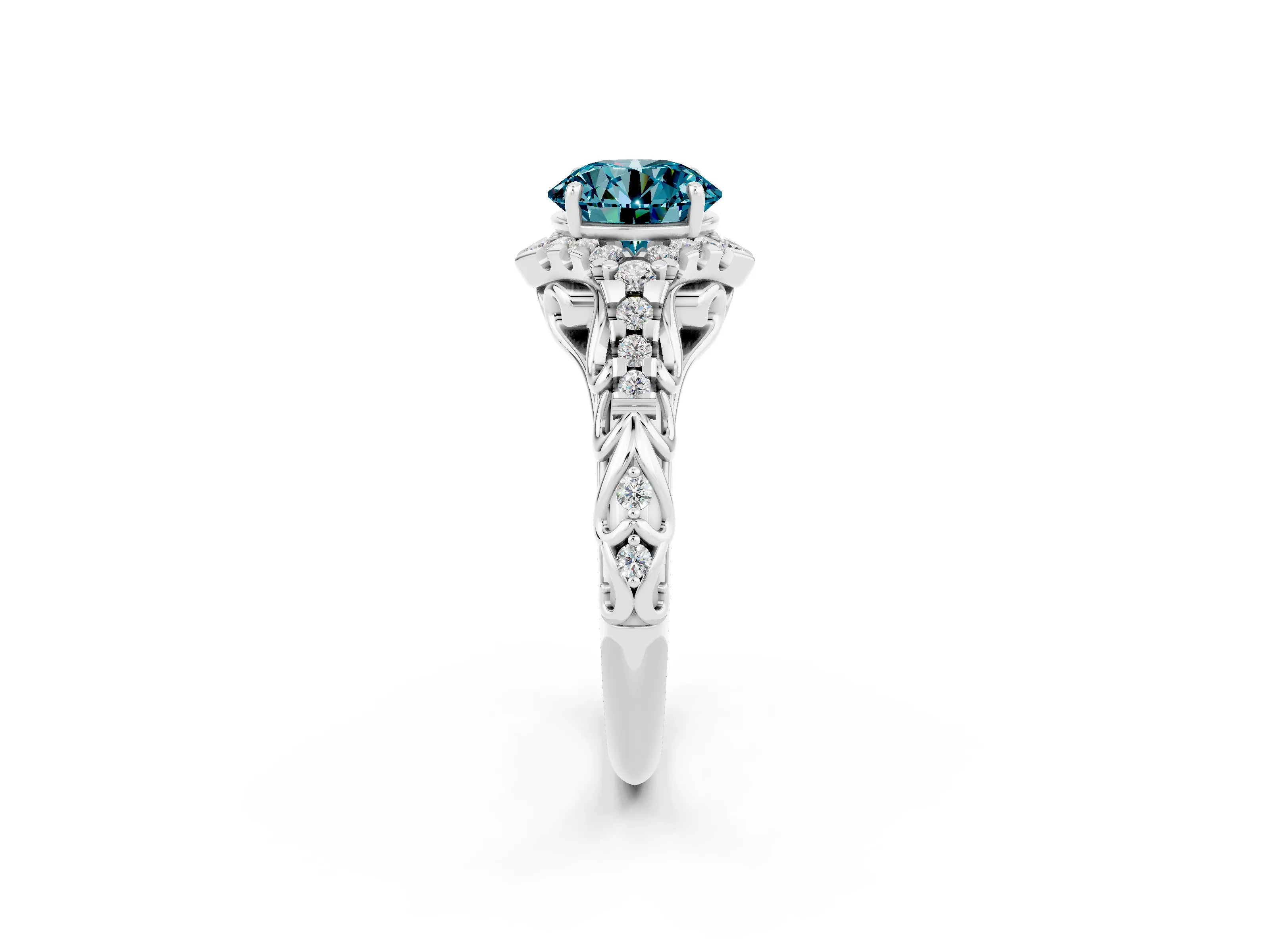 White gold Round Cut Blue Topaz Solitaire Ring with Hidden Halo and Pavé Band_14