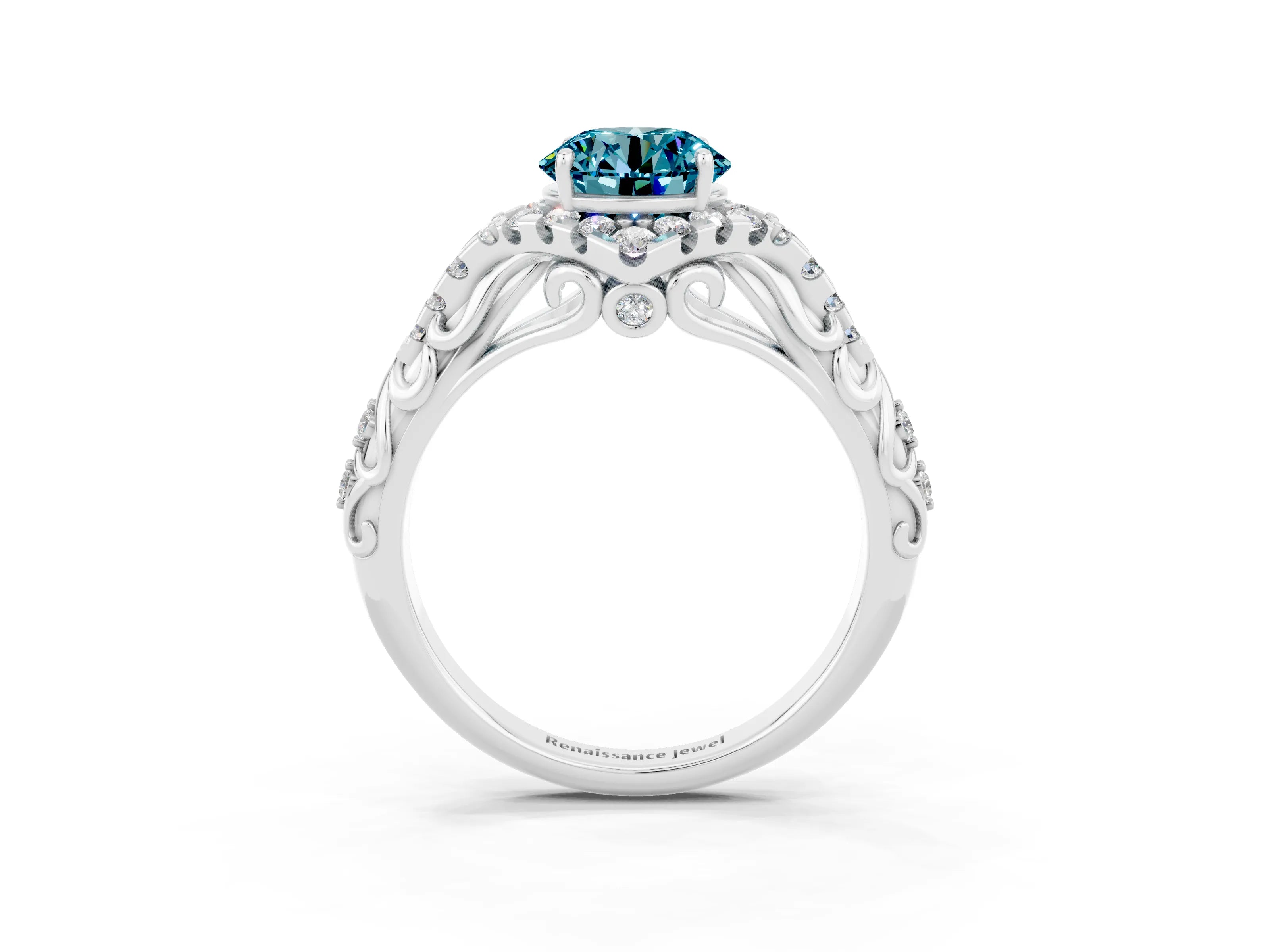 White gold Round Cut Blue Topaz Solitaire Ring with Hidden Halo and Pavé Band_15