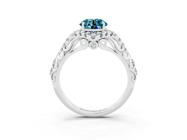 Silver Round Cut Blue Topaz Solitaire Ring with Hidden Halo and Pavé Band