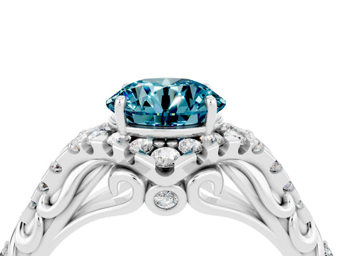 White gold Round Cut Blue Topaz Solitaire Ring with Hidden Halo and Pavé Band_16