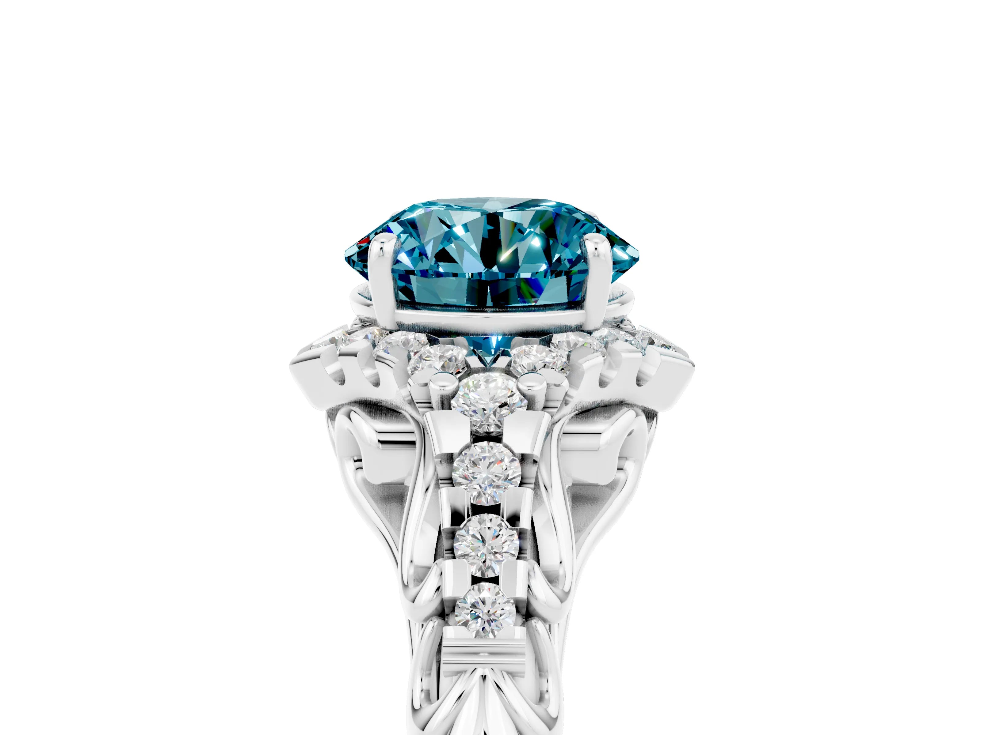 White gold Round Cut Blue Topaz Solitaire Ring with Hidden Halo and Pavé Band_17