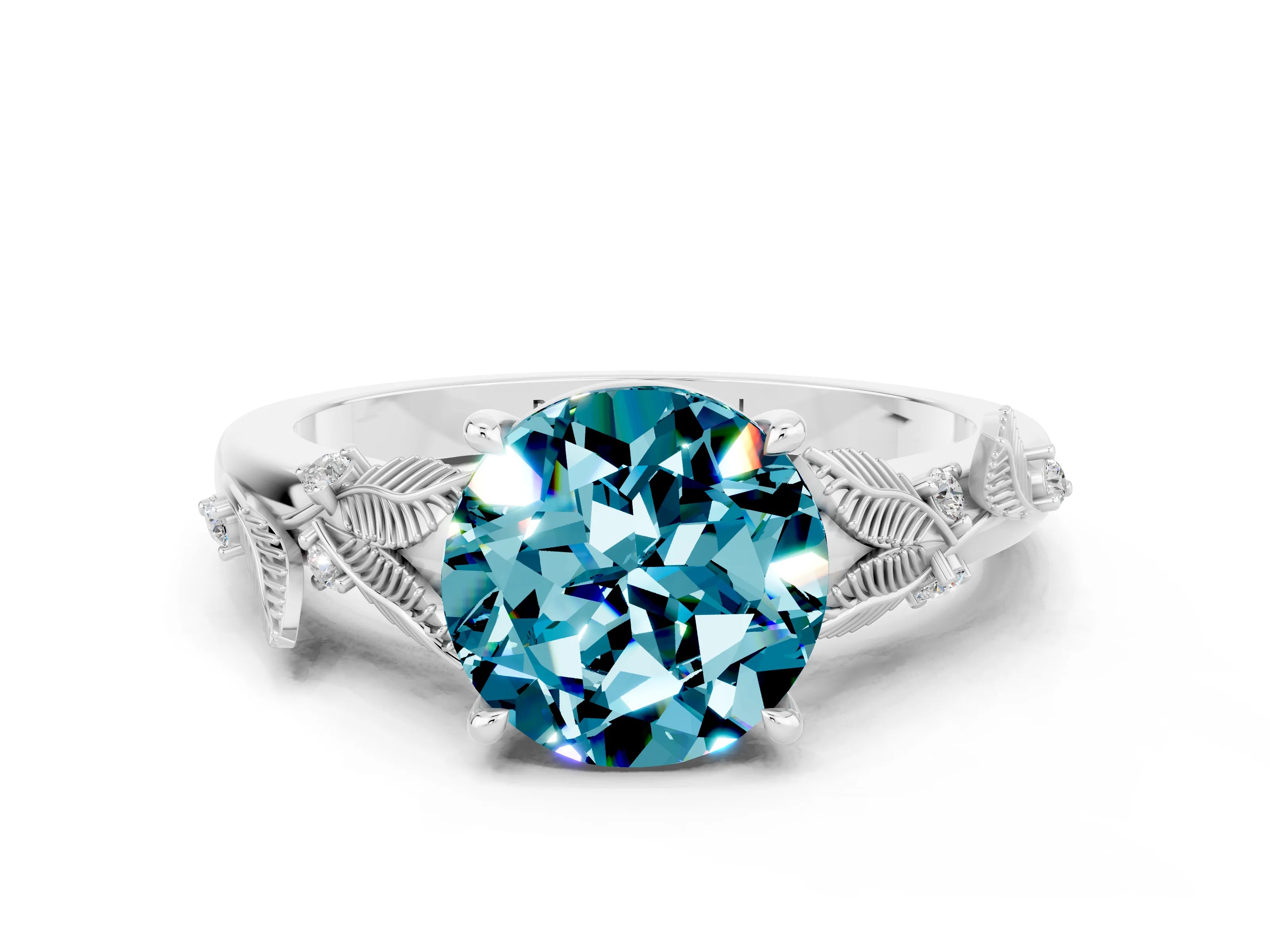 White gold Round Cut Blue Topaz Solitaire Ring with Leaf Motif Band and Four-Prong Setting_24