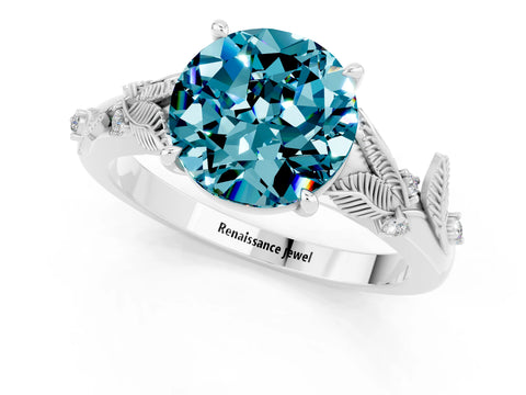 White gold Round Cut Blue Topaz Solitaire Ring with Leaf Motif Band and Four-Prong Setting_25