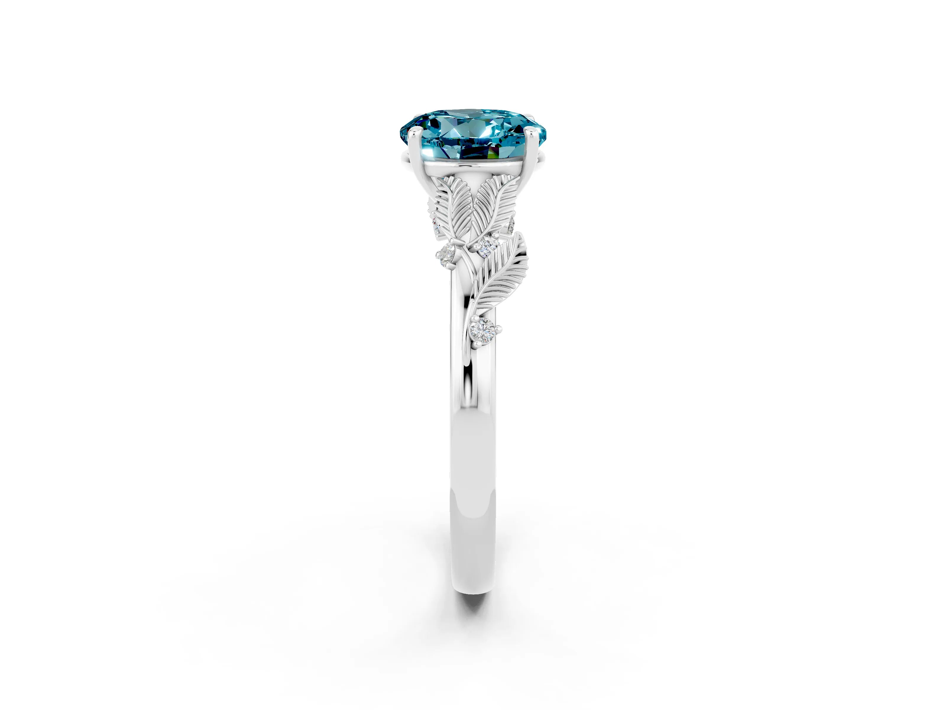 White gold Round Cut Blue Topaz Solitaire Ring with Leaf Motif Band and Four-Prong Setting_26