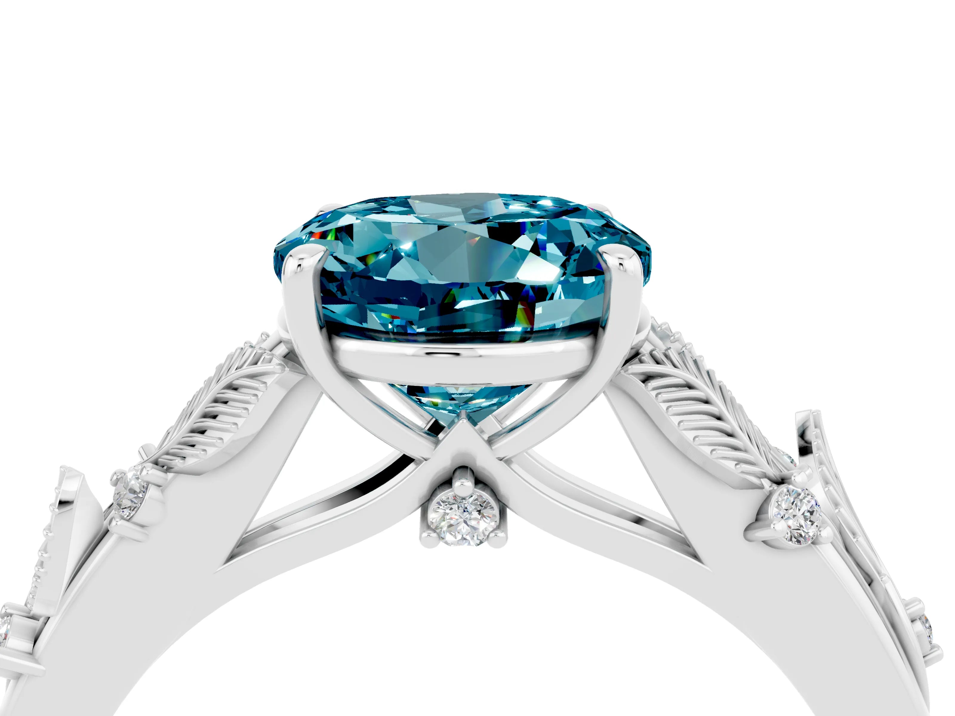 White gold Round Cut Blue Topaz Solitaire Ring with Leaf Motif Band and Four-Prong Setting_28