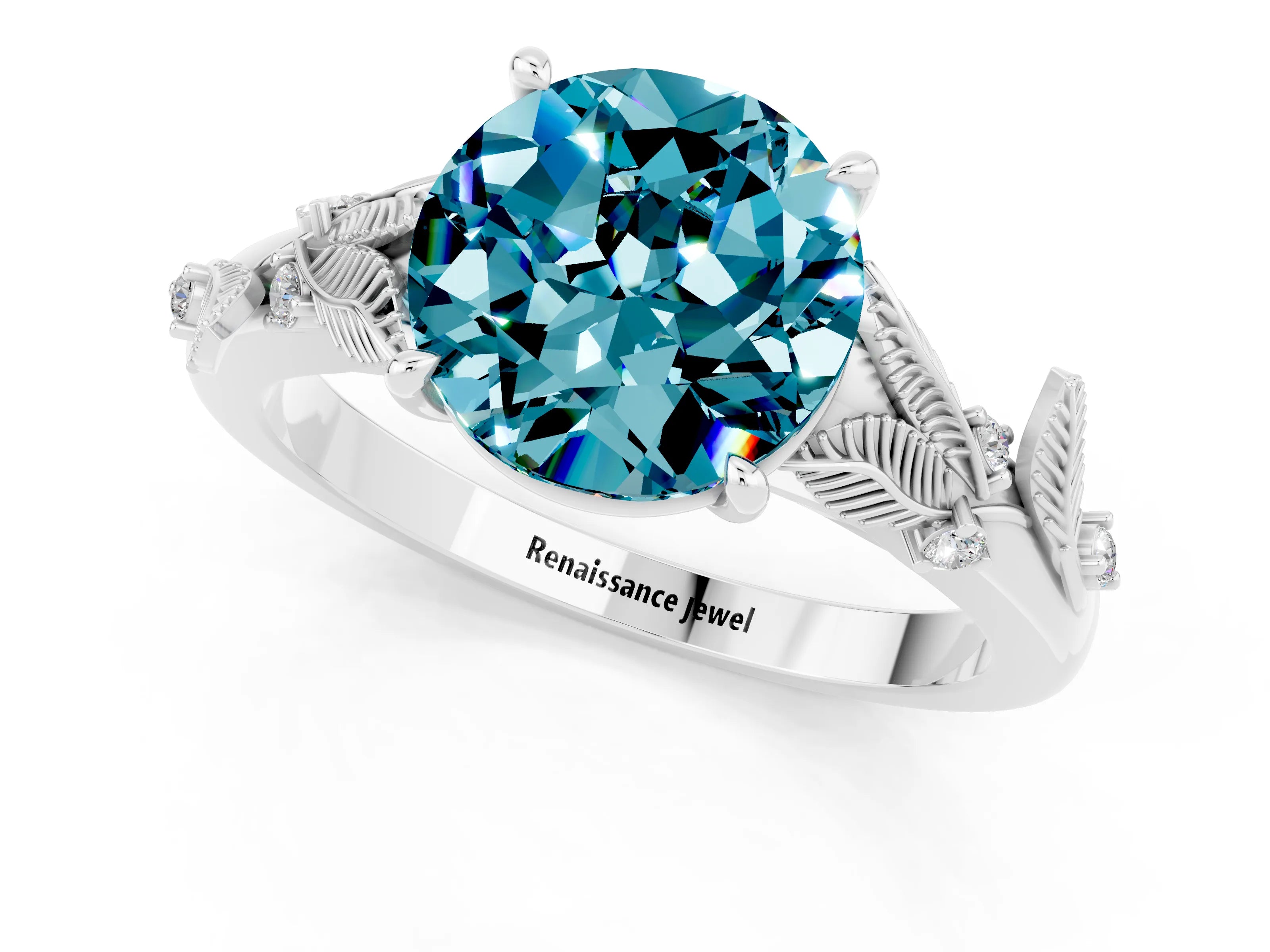 White gold Round Cut Blue Topaz Solitaire Ring with Leaf Motif Band and Four-Prong Setting_32