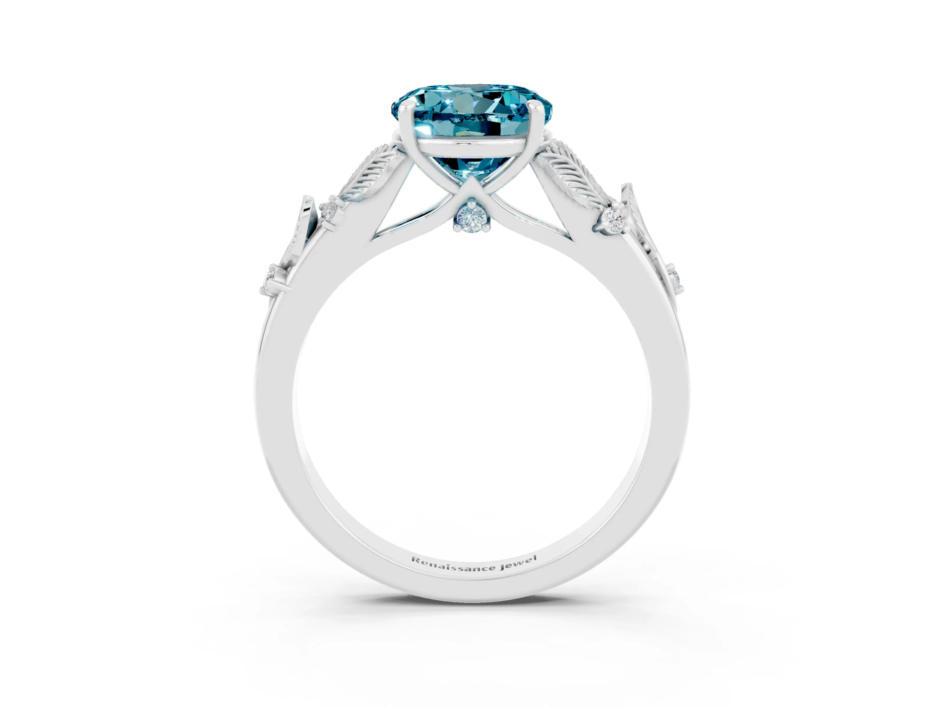 White gold Round Cut Blue Topaz Solitaire Ring with Leaf Motif Band and Four-Prong Setting_34