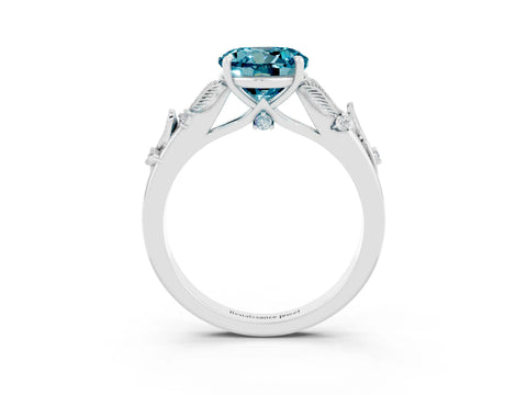 White gold Round Cut Blue Topaz Solitaire Ring with Leaf Motif Band and Four-Prong Setting_34