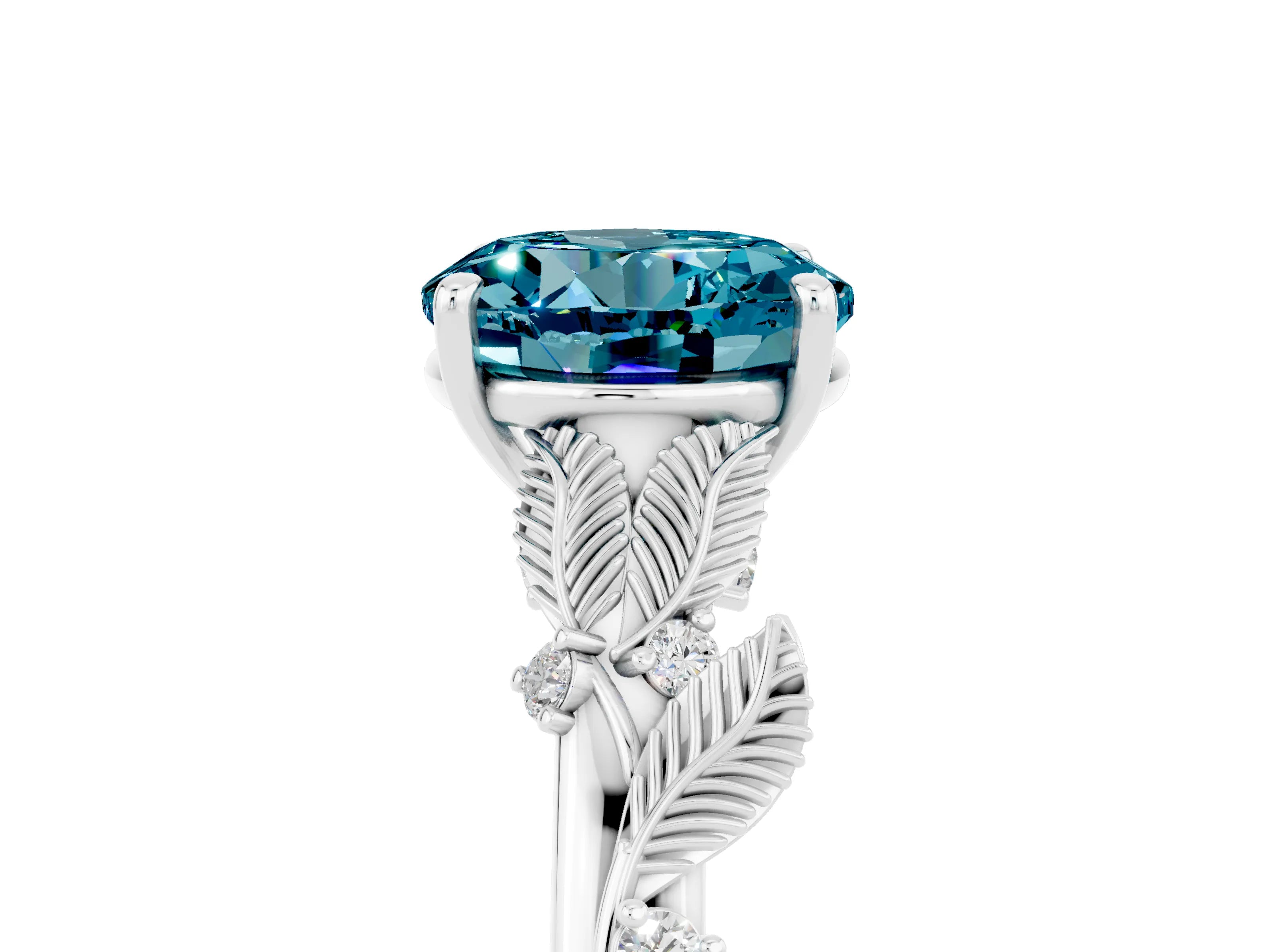 White gold Round Cut Blue Topaz Solitaire Ring with Leaf Motif Band and Four-Prong Setting_36