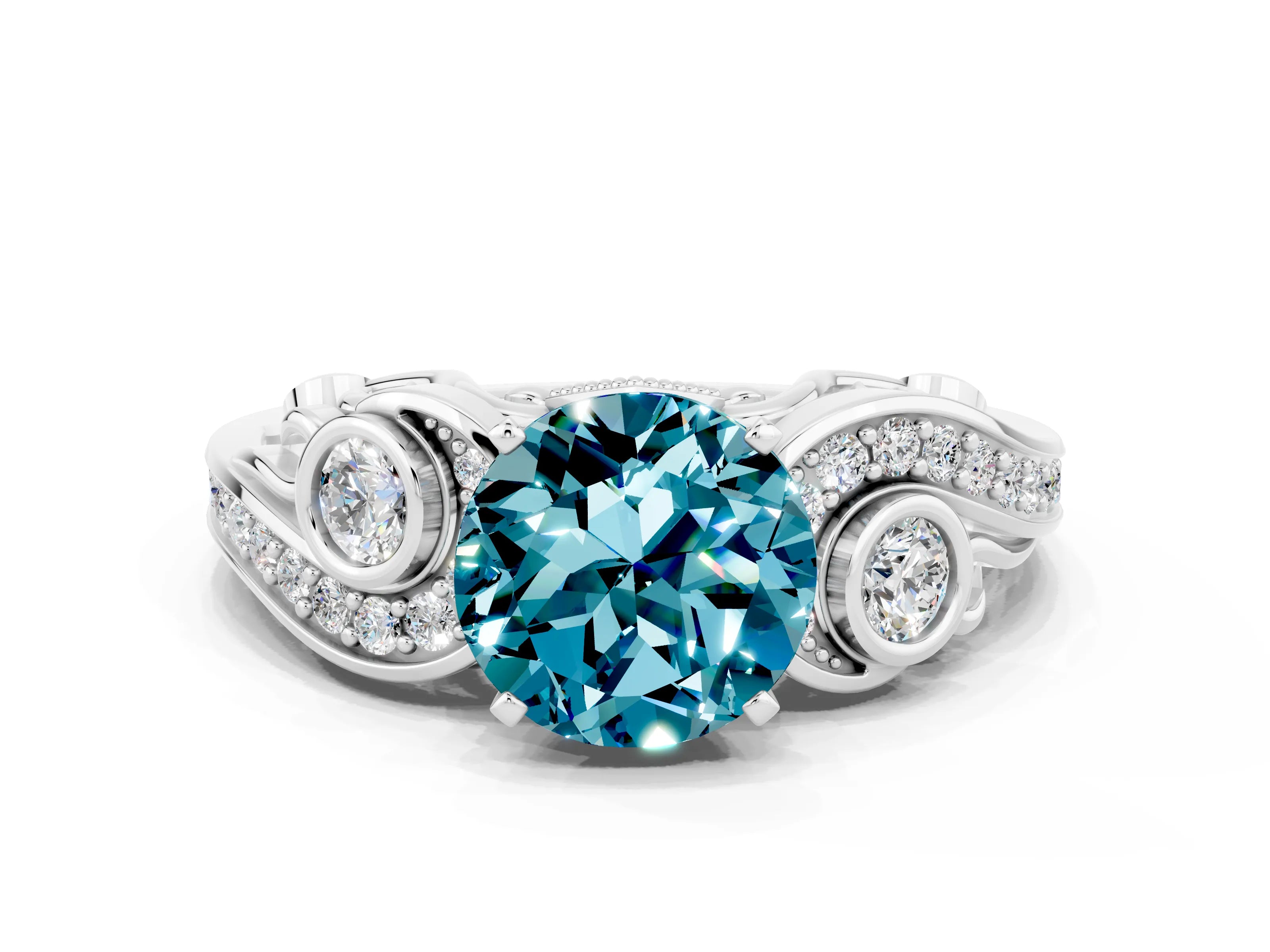 White gold Round Cut Blue Topaz Solitaire Ring with Milgrain Pavé Band and Four-Prong Setting_12