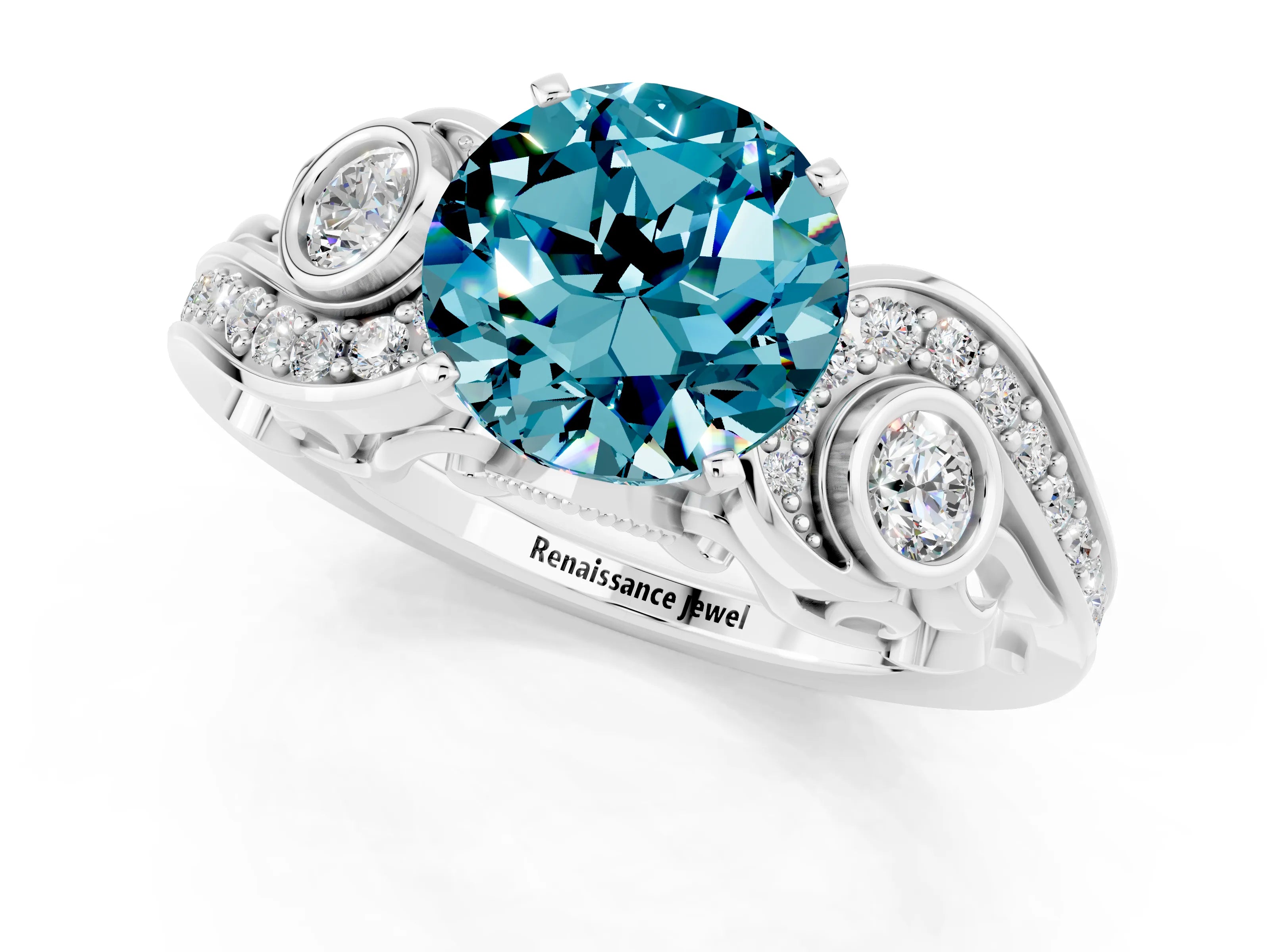 White gold Round Cut Blue Topaz Solitaire Ring with Milgrain Pavé Band and Four-Prong Setting_13
