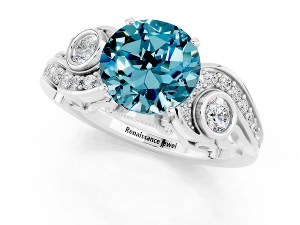 Platinum Round Cut Blue Topaz Solitaire Ring with Milgrain Pavé Band and Four-Prong Setting