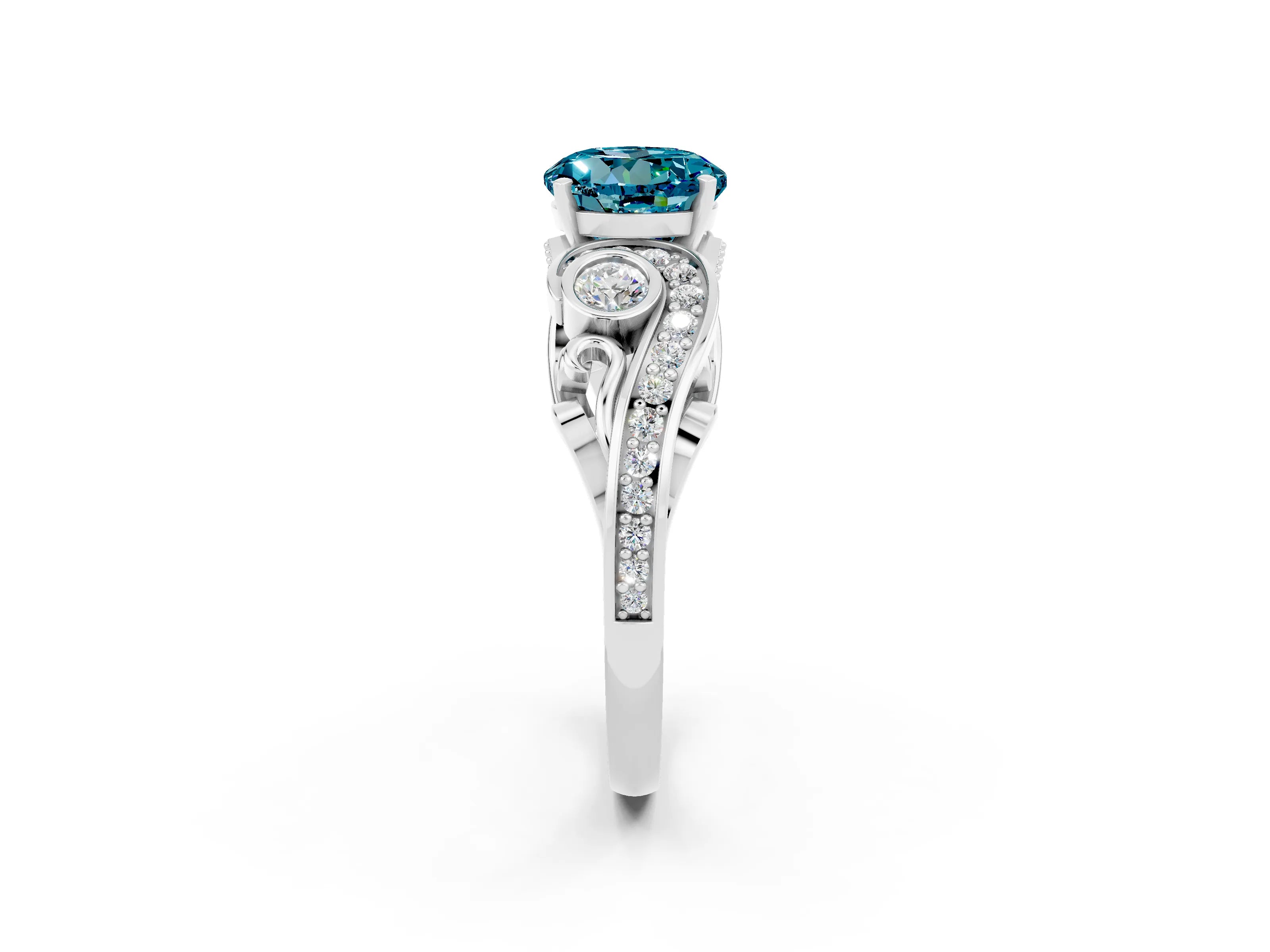 White gold Round Cut Blue Topaz Solitaire Ring with Milgrain Pavé Band and Four-Prong Setting_14