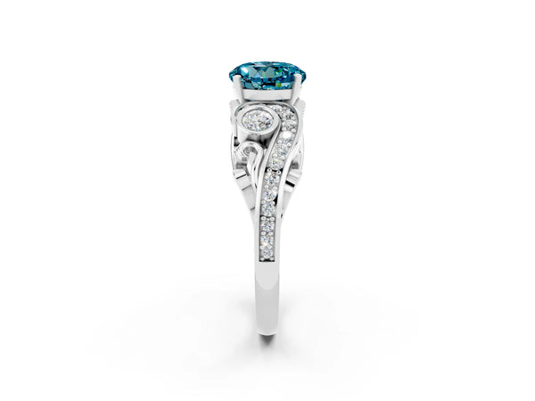 Platinum Round Cut Blue Topaz Solitaire Ring with Milgrain Pavé Band and Four-Prong Setting