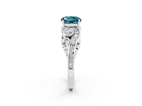 White gold Round Cut Blue Topaz Solitaire Ring with Milgrain Pavé Band and Four-Prong Setting_14