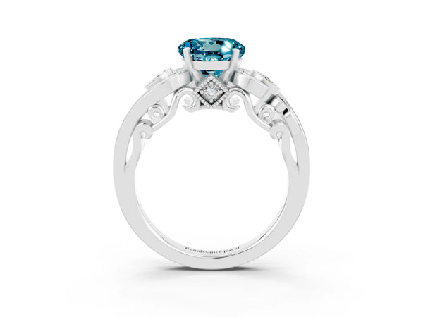 Silver Round Cut Blue Topaz Solitaire Ring with Milgrain Pavé Band and Four-Prong Setting