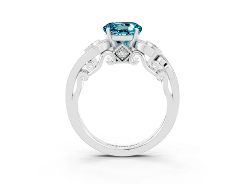 White gold Round Cut Blue Topaz Solitaire Ring with Milgrain Pavé Band and Four-Prong Setting_15