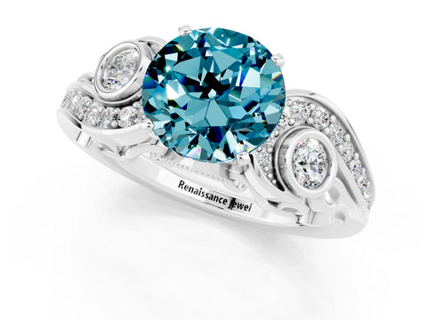 White gold Round Cut Blue Topaz Solitaire Ring with Milgrain Pavé Band and Four-Prong Setting_49