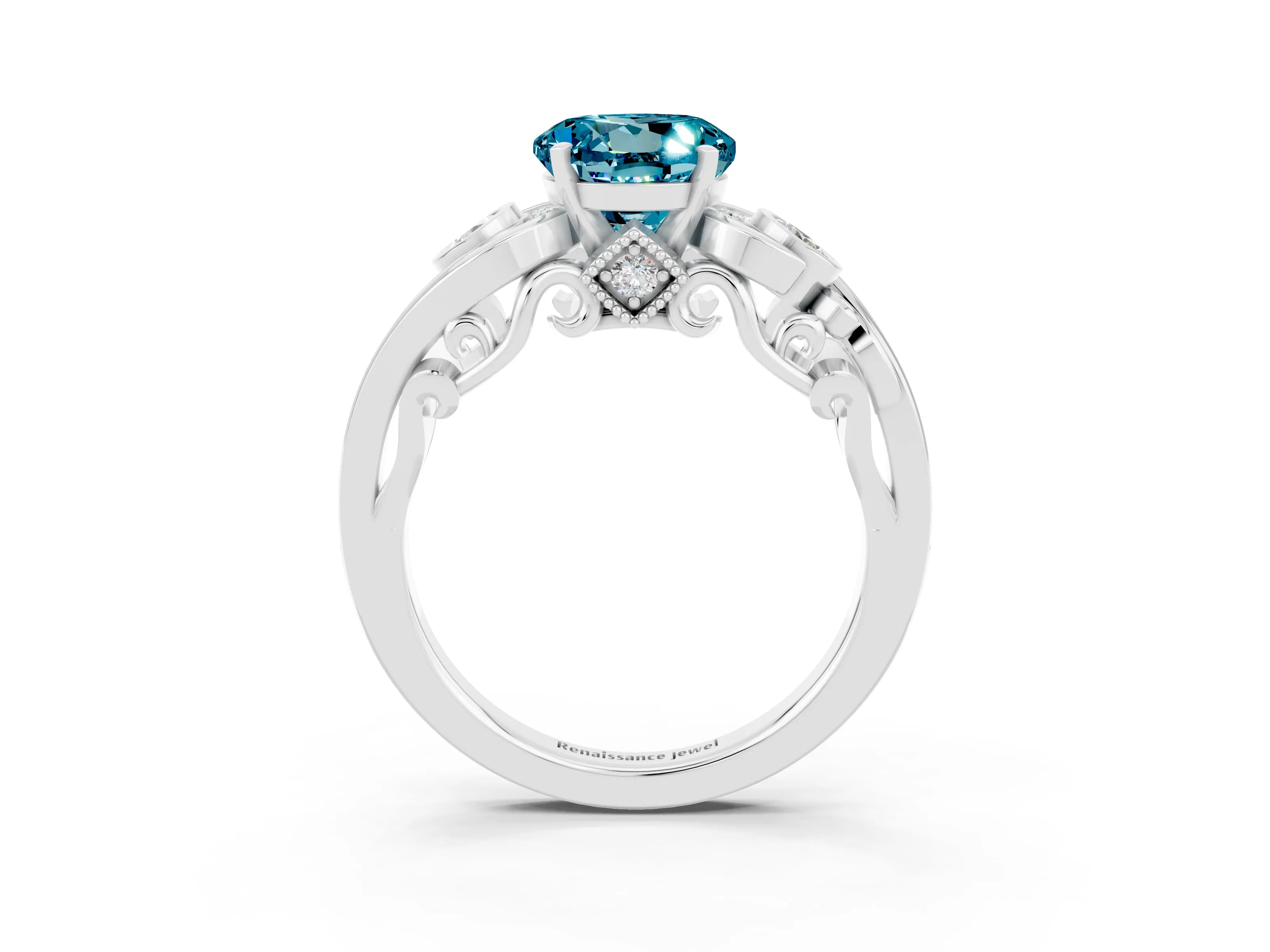 White gold Round Cut Blue Topaz Solitaire Ring with Milgrain Pavé Band and Four-Prong Setting_51